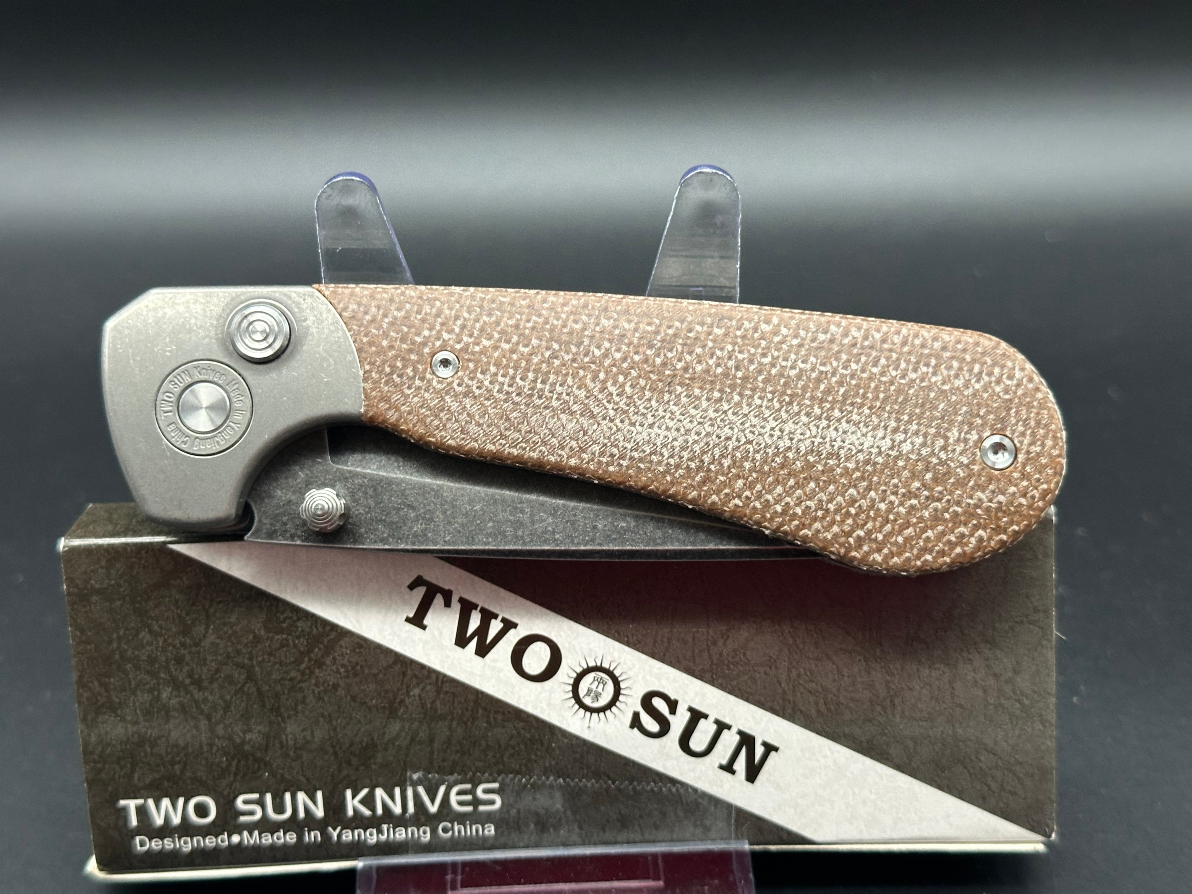 TWOSUN TS175-D2 BUTTON LOCK BROWN MICARTA HANDLE D2 TANTO