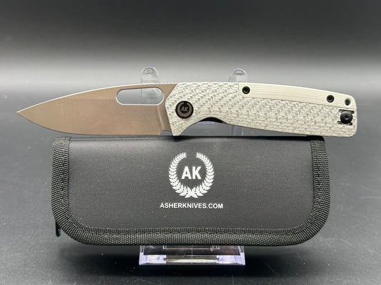 Asher Spiro Silver Twill Spacer 3.2" S90V Stonewash Blade with Silver Twill Carbon Fiber Scales