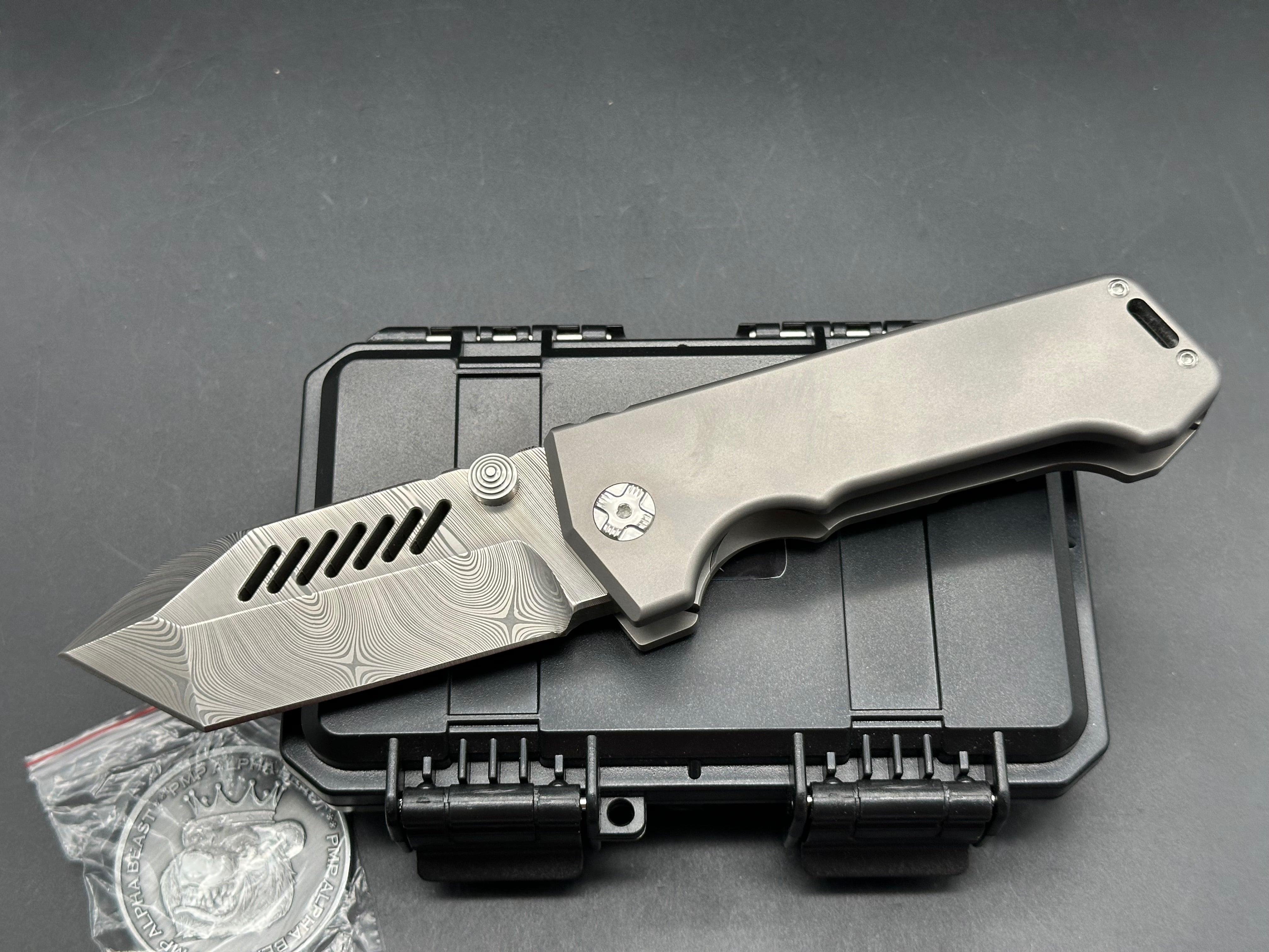 PMP Knives - Alpha Beast (Limited Edition)/Grey Ti Handle + Zircuti Pocket Clip/Clip Point Tanto/Damasteel