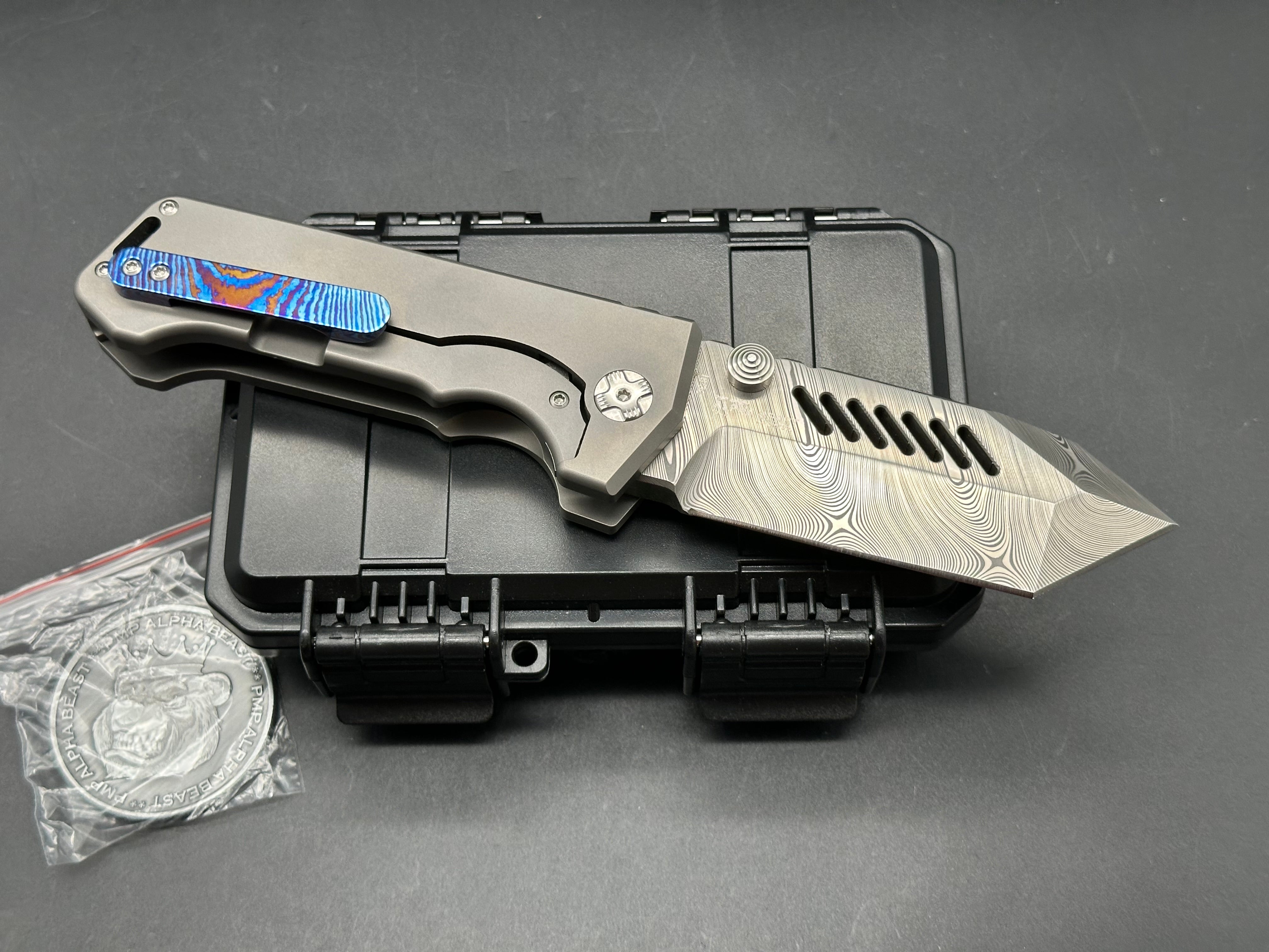 PMP Knives - Alpha Beast (Limited Edition)/Grey Ti Handle + Zircuti Pocket Clip/Clip Point Tanto/Damasteel
