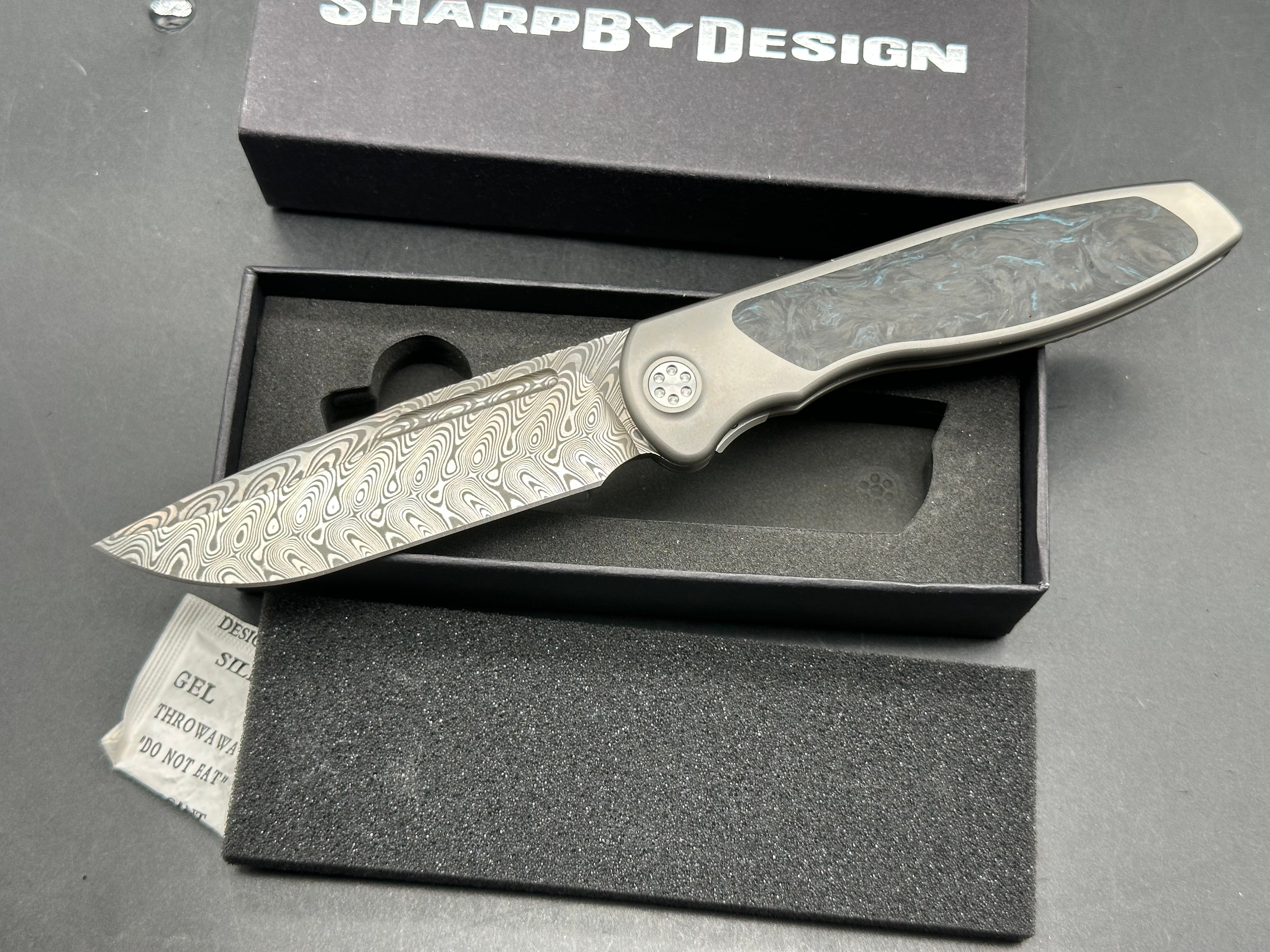 Sharp By Design Mini Tempest Marble Blue Carbonplate Drop Point (3.5" Damasteel)