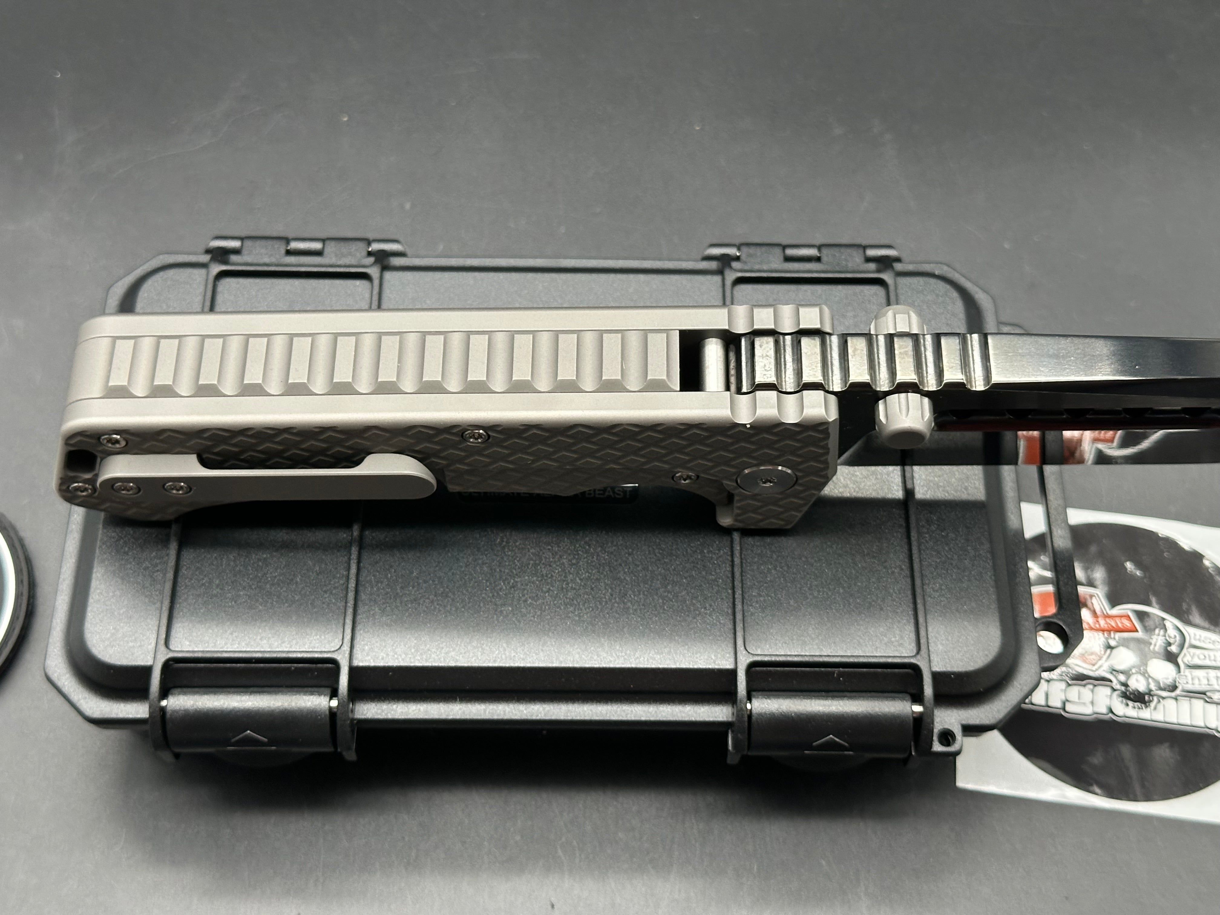 PMP Knives - Ultimate Alpha Beast/Grey Diamond Frag Milled Ti Handle/Clip Point/Semi-Mirror DLC CPM-D2