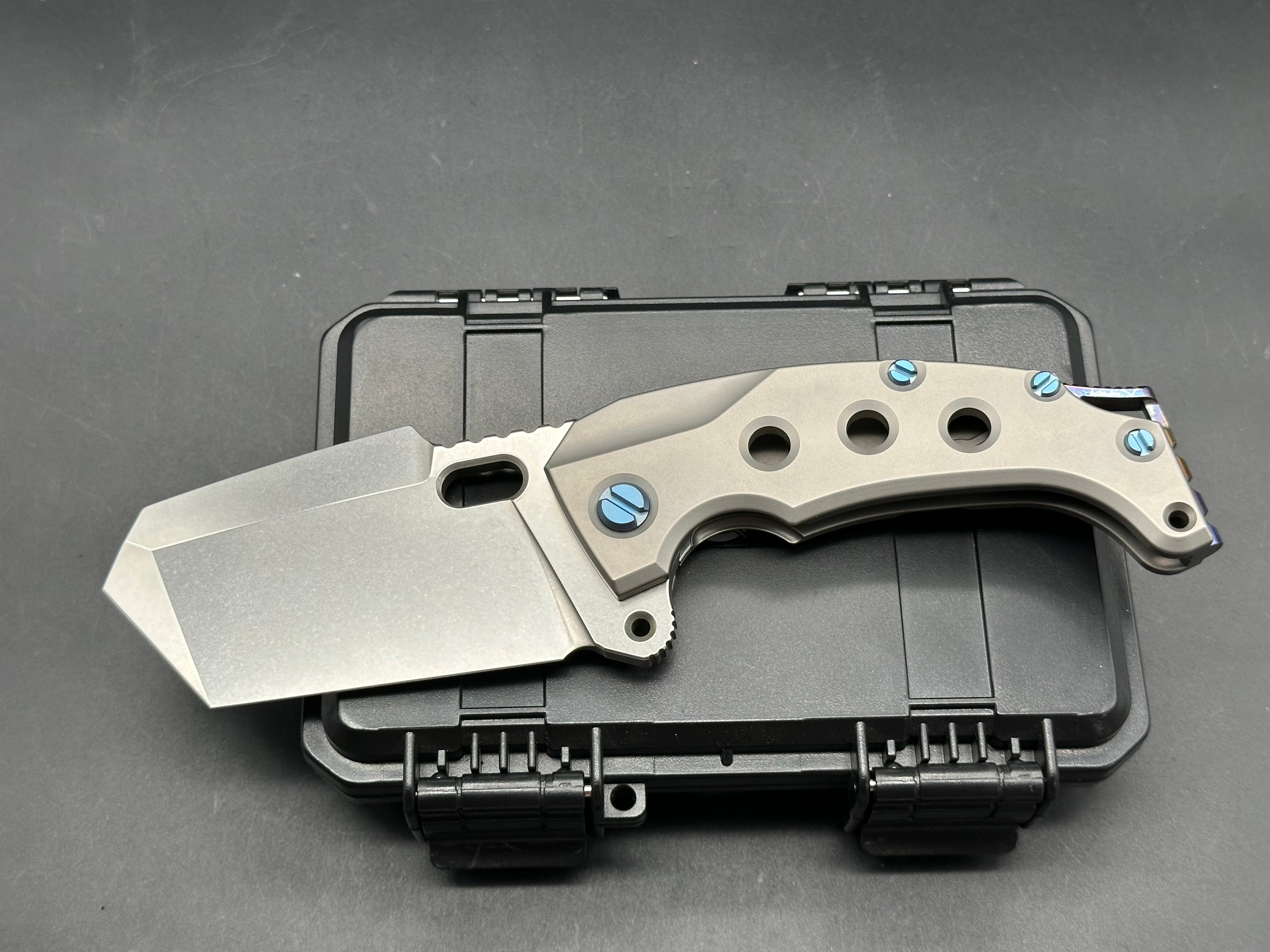 PMP Knives - Titano/Grey Ti Handle + Blue Pivot Collar & Hardware w/ Custom Lightning Ano Backspacer, Pocket Clip/Tanto/Satin Bohler M390