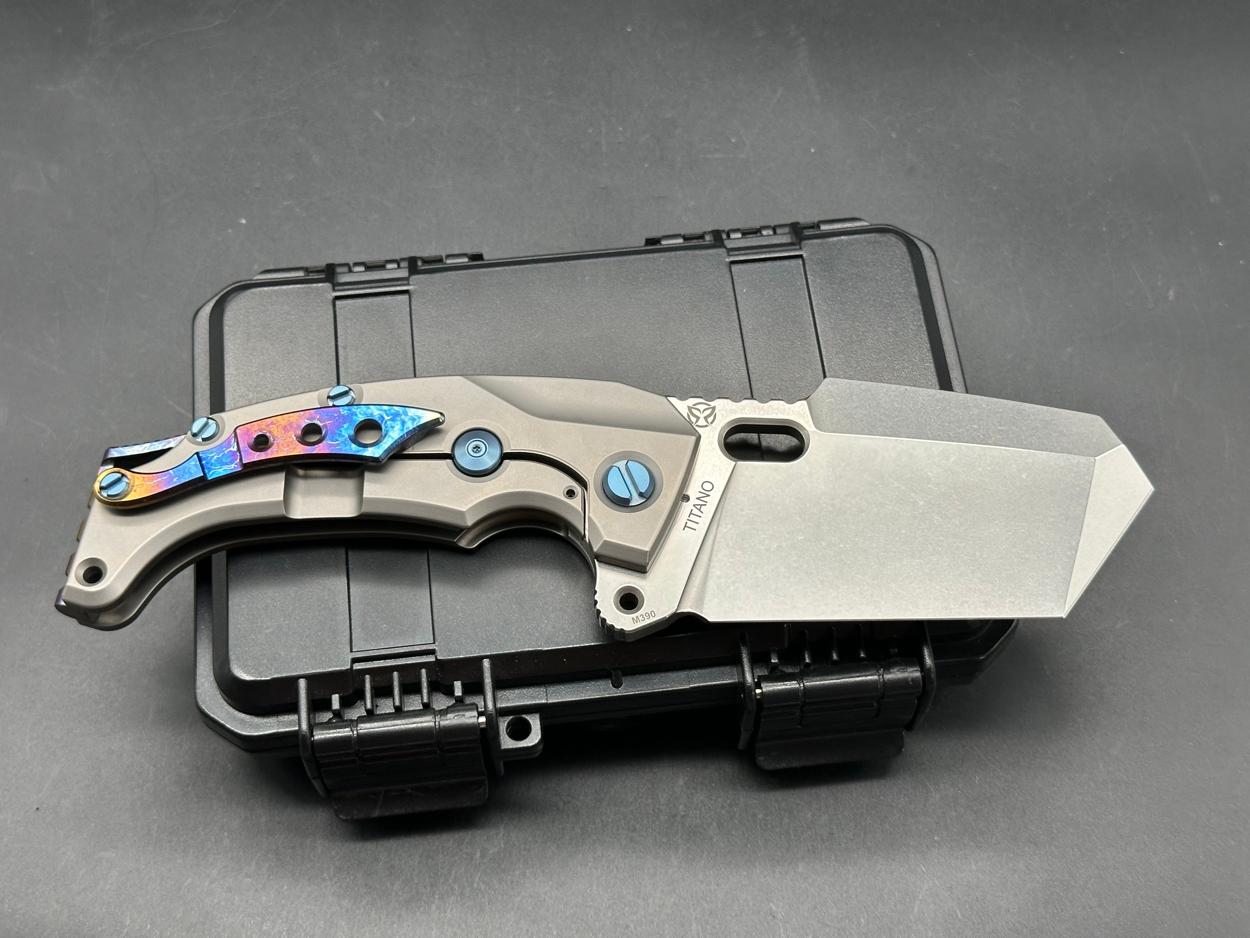 PMP Knives - Titano/Grey Ti Handle + Blue Pivot Collar & Hardware w/ Custom Lightning Ano Backspacer, Pocket Clip/Tanto/Satin Bohler M390