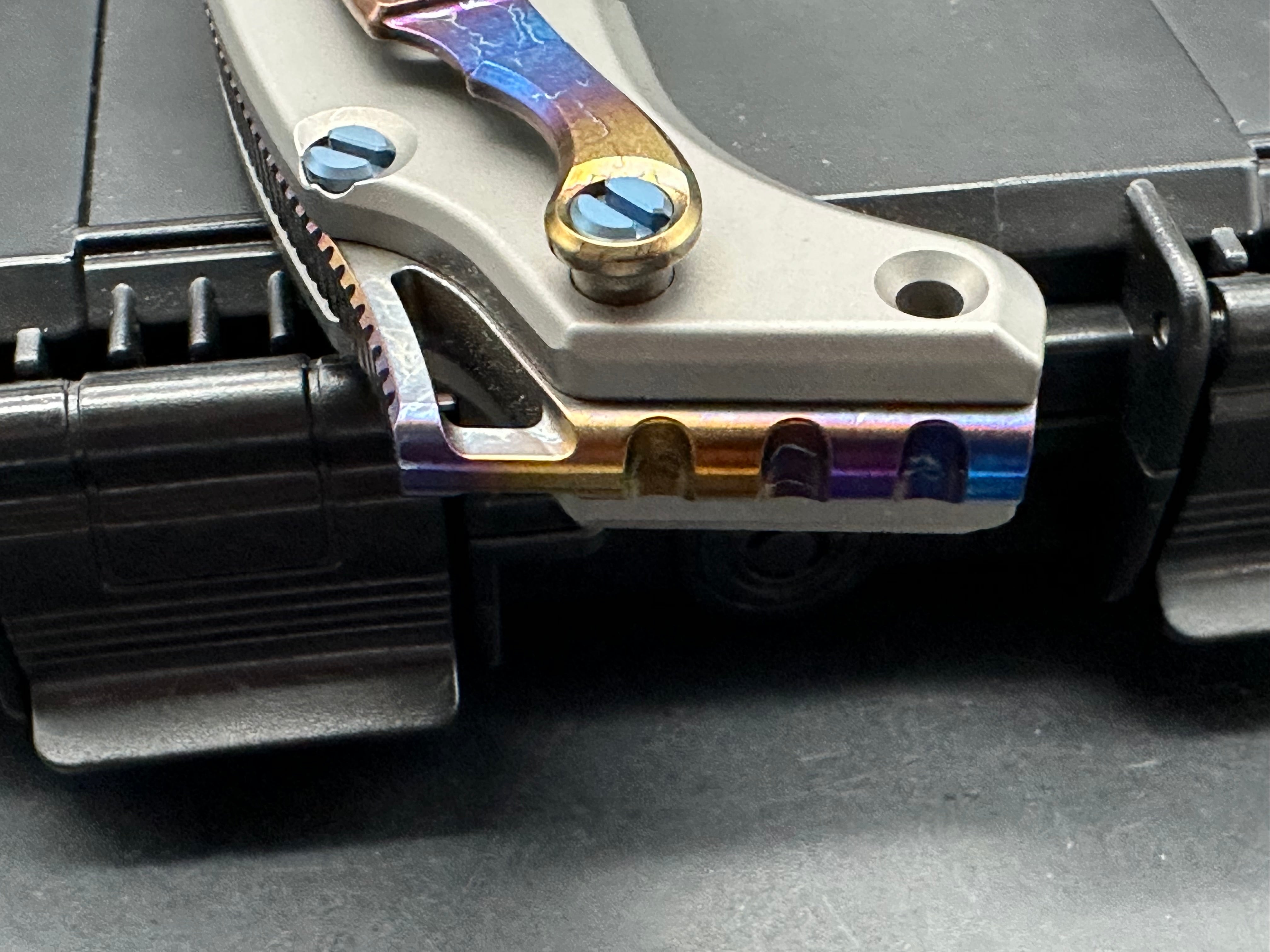 PMP Knives - Titano/Grey Ti Handle + Blue Pivot Collar & Hardware w/ Custom Lightning Ano Backspacer, Pocket Clip/Tanto/Satin Bohler M390