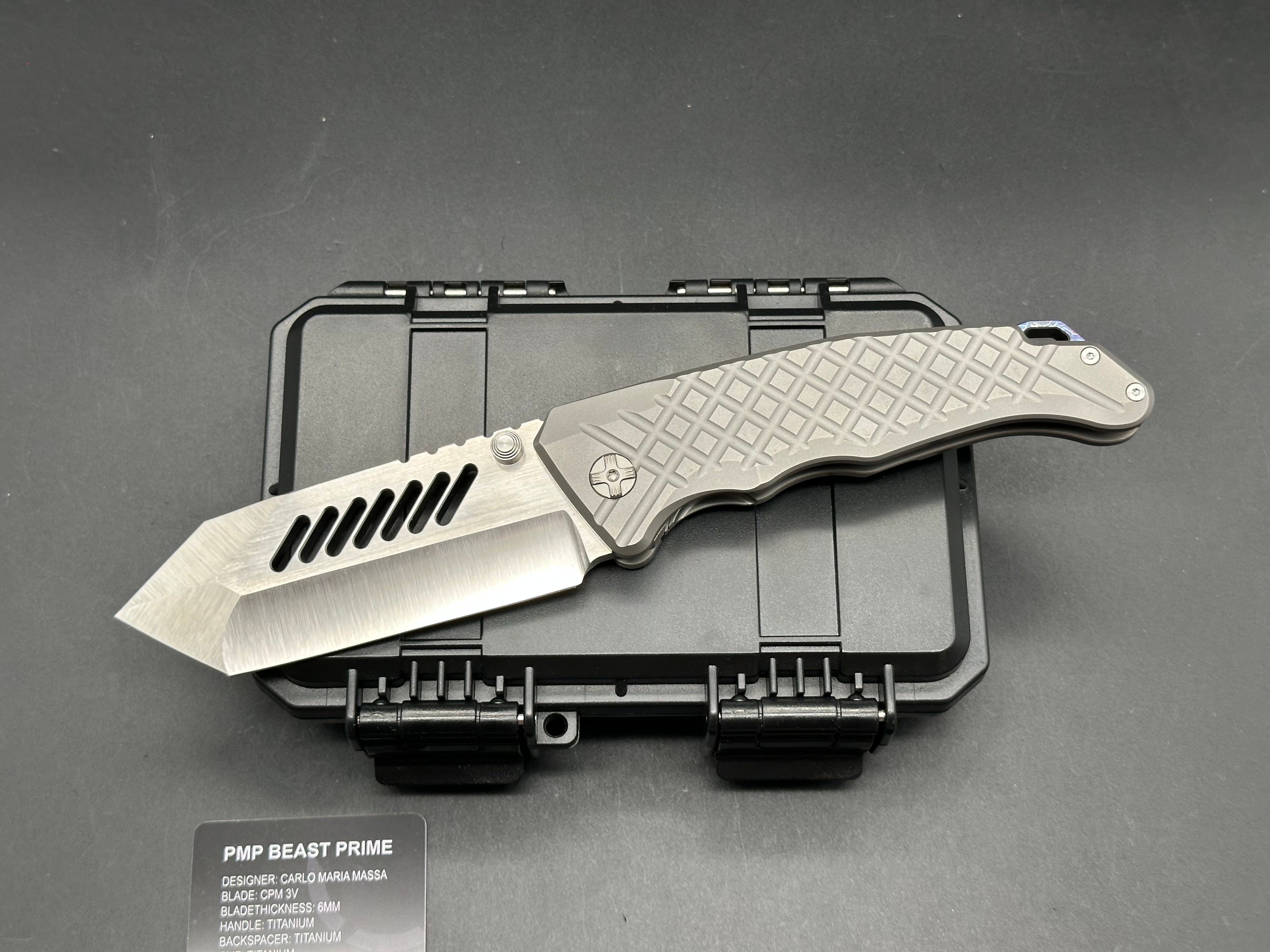 PMP Knives - Beast Prime/Grey Frag Ti Handle + Custom Lighting Ano Backspacer, Pocket Clip/Clip Point Tanto/Satin Bohler M390