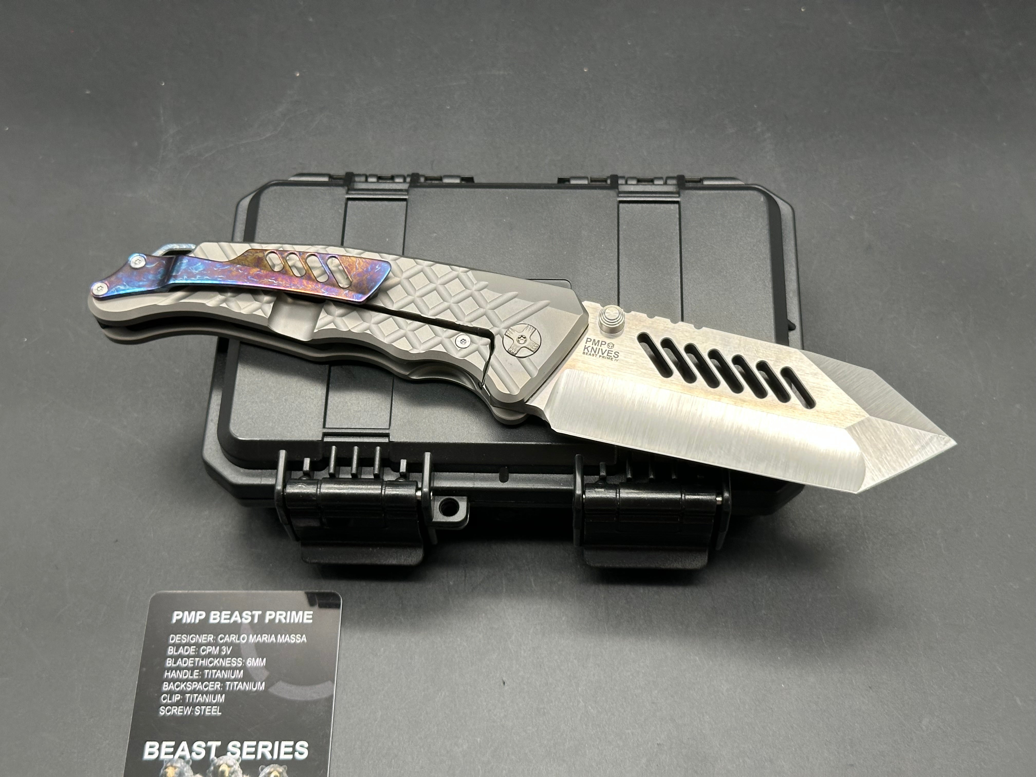 PMP Knives - Beast Prime/Grey Frag Ti Handle + Custom Lighting Ano Backspacer, Pocket Clip/Clip Point Tanto/Satin Bohler M390