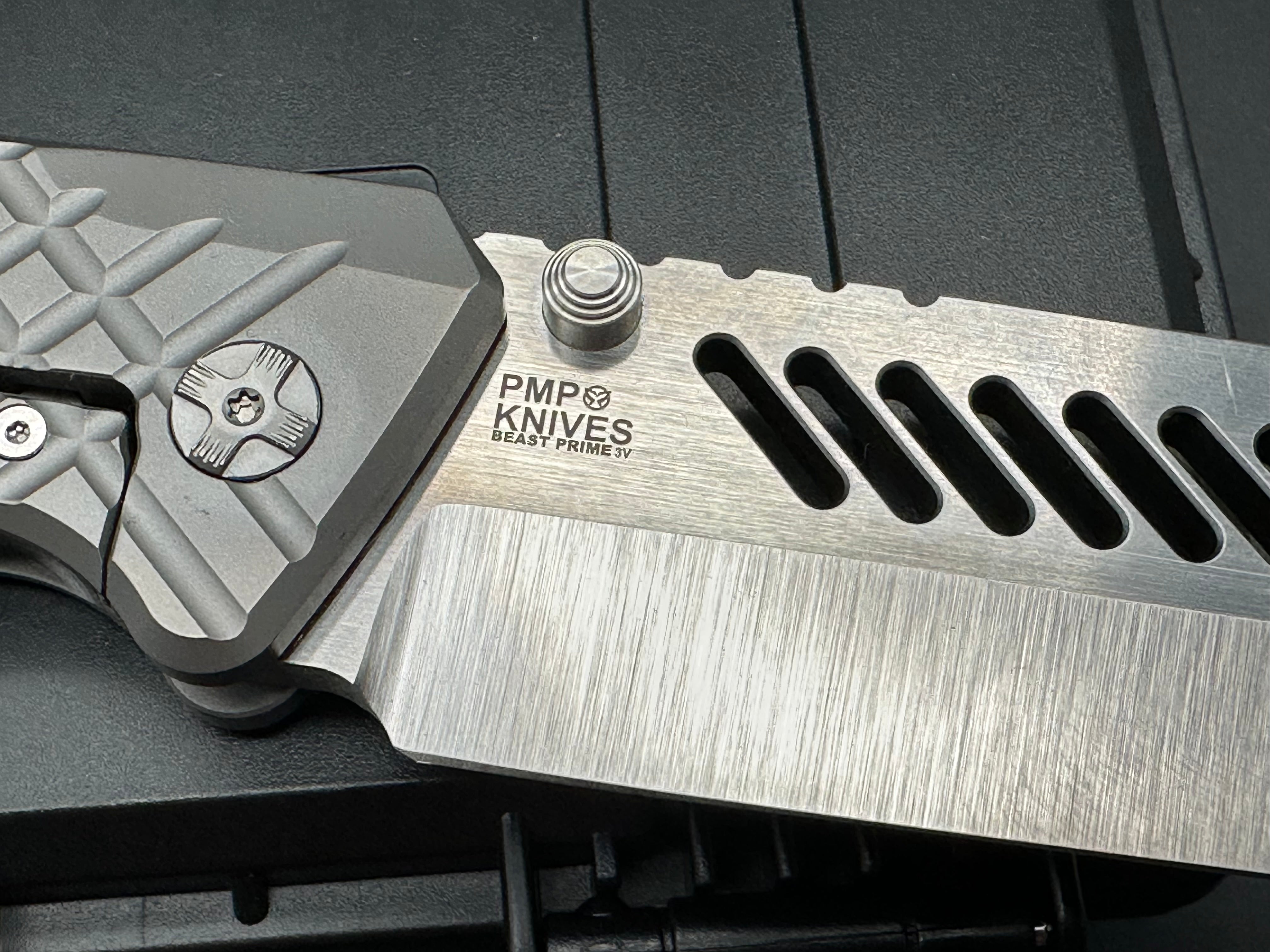 PMP Knives - Beast Prime/Grey Frag Ti Handle + Custom Lighting Ano Backspacer, Pocket Clip/Clip Point Tanto/Satin Bohler M390