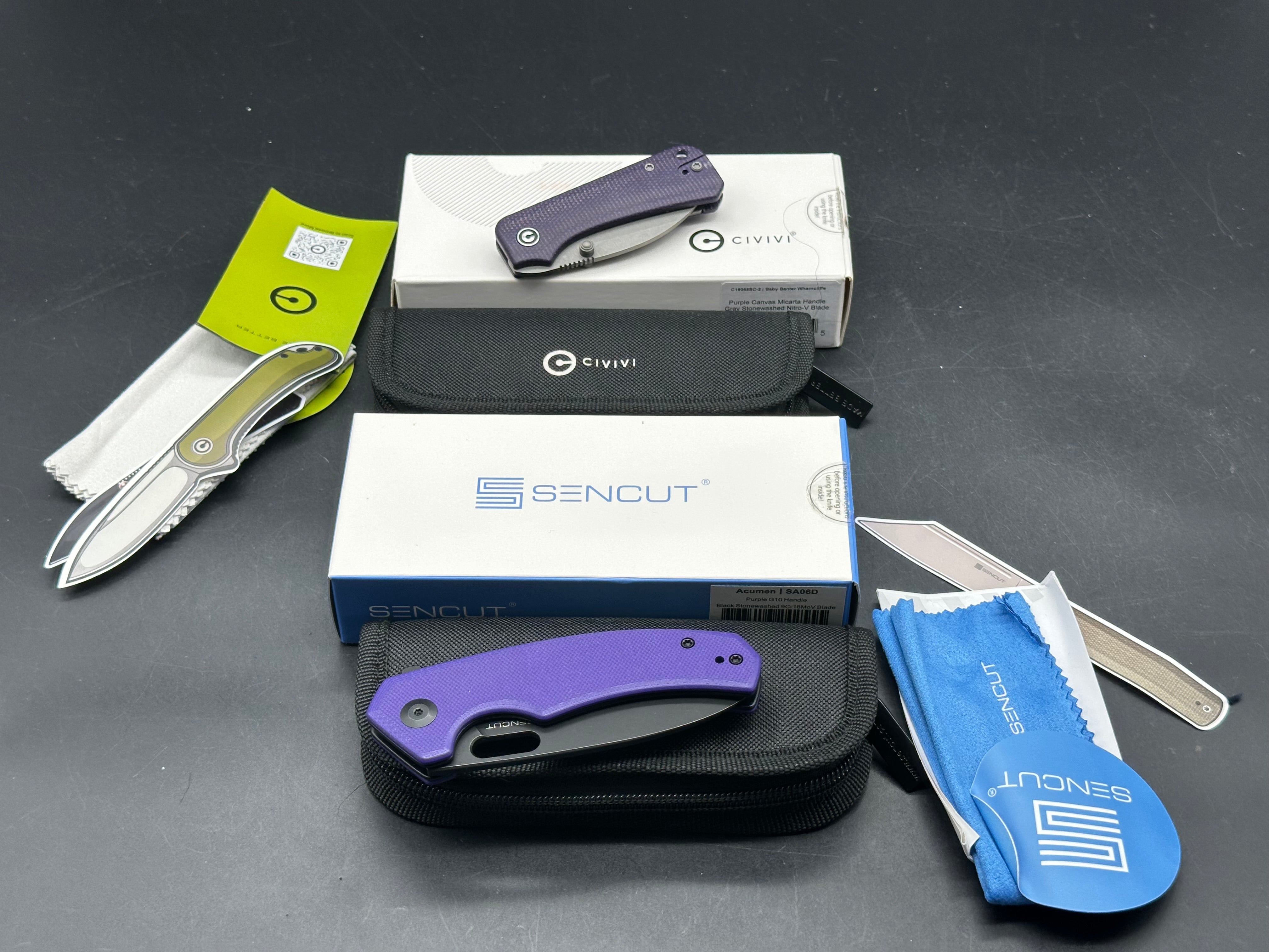 Purple bundle Sencut Acumen & Civivi Baby Banter wharncliffe