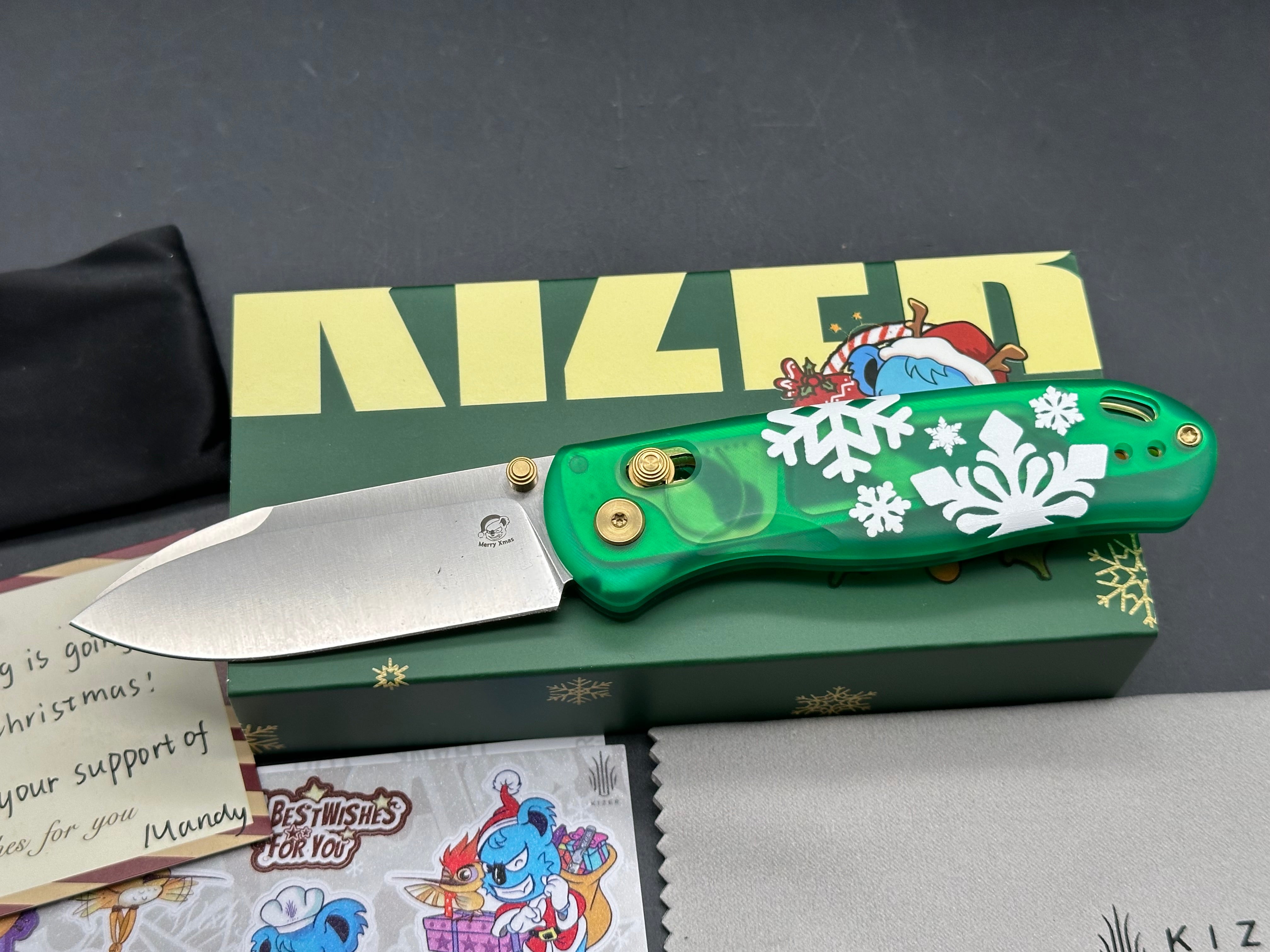 Kizer Drop Bear Holiday issue green handle w/154CM blade