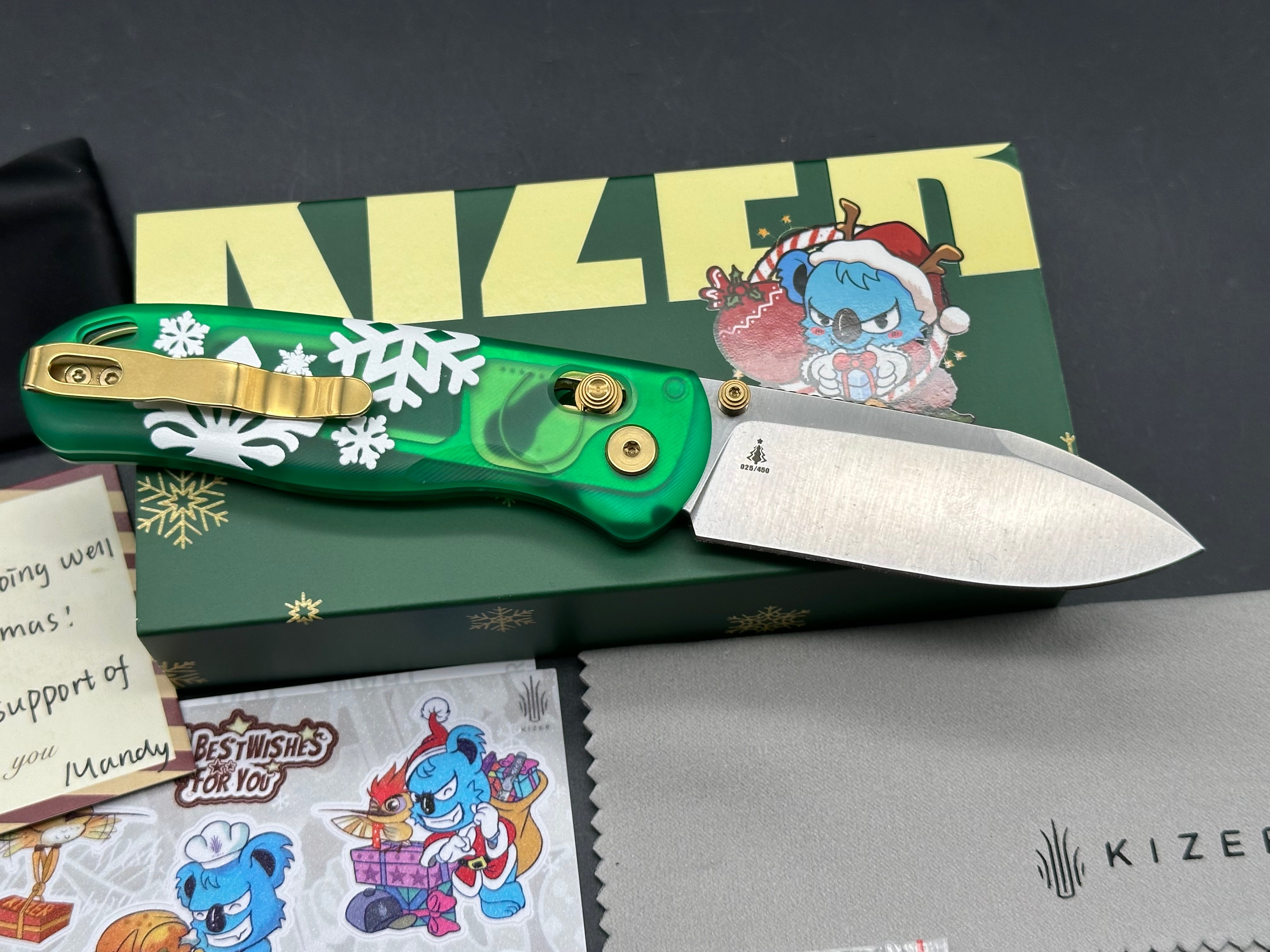 Kizer Drop Bear Holiday issue green handle w/154CM blade