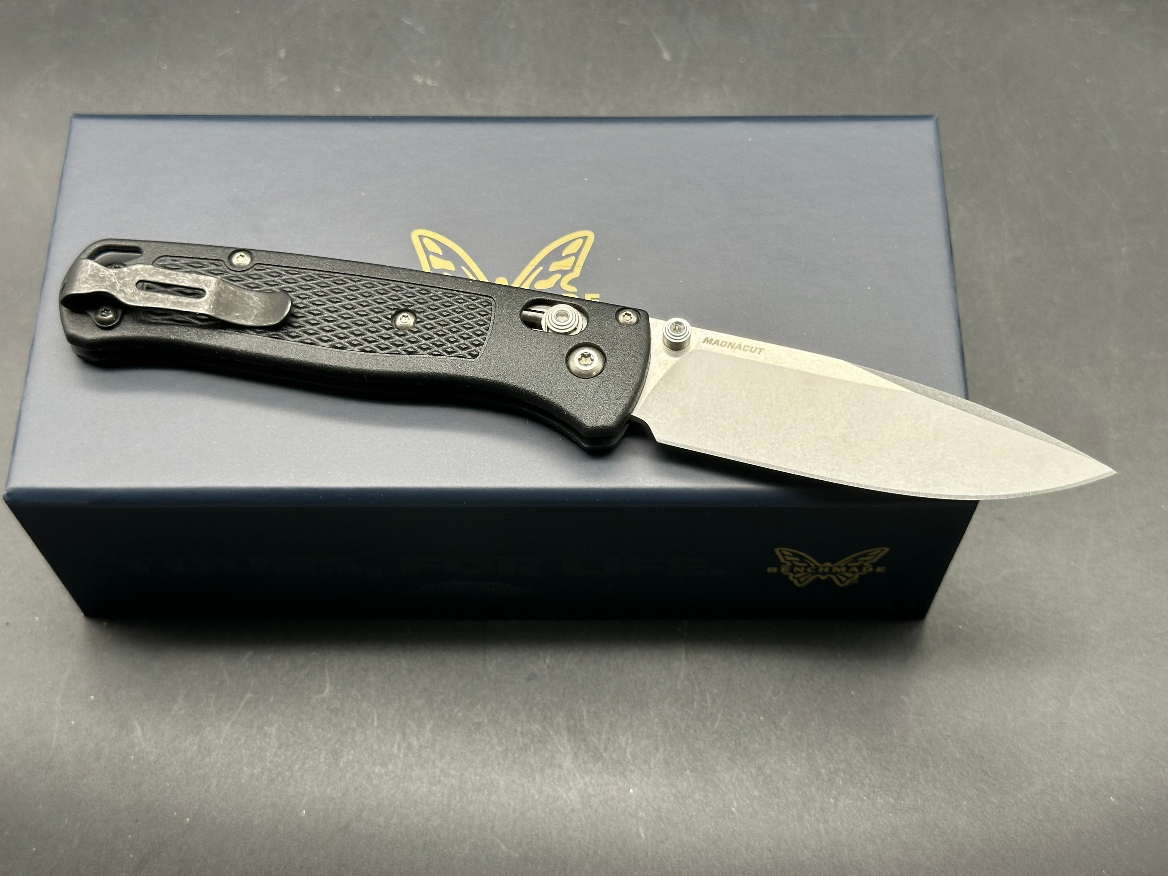 Benchmade Bugout-Custom, 3.24" MagnaCut Stonewash Blade with Custom Black Grivory Scales