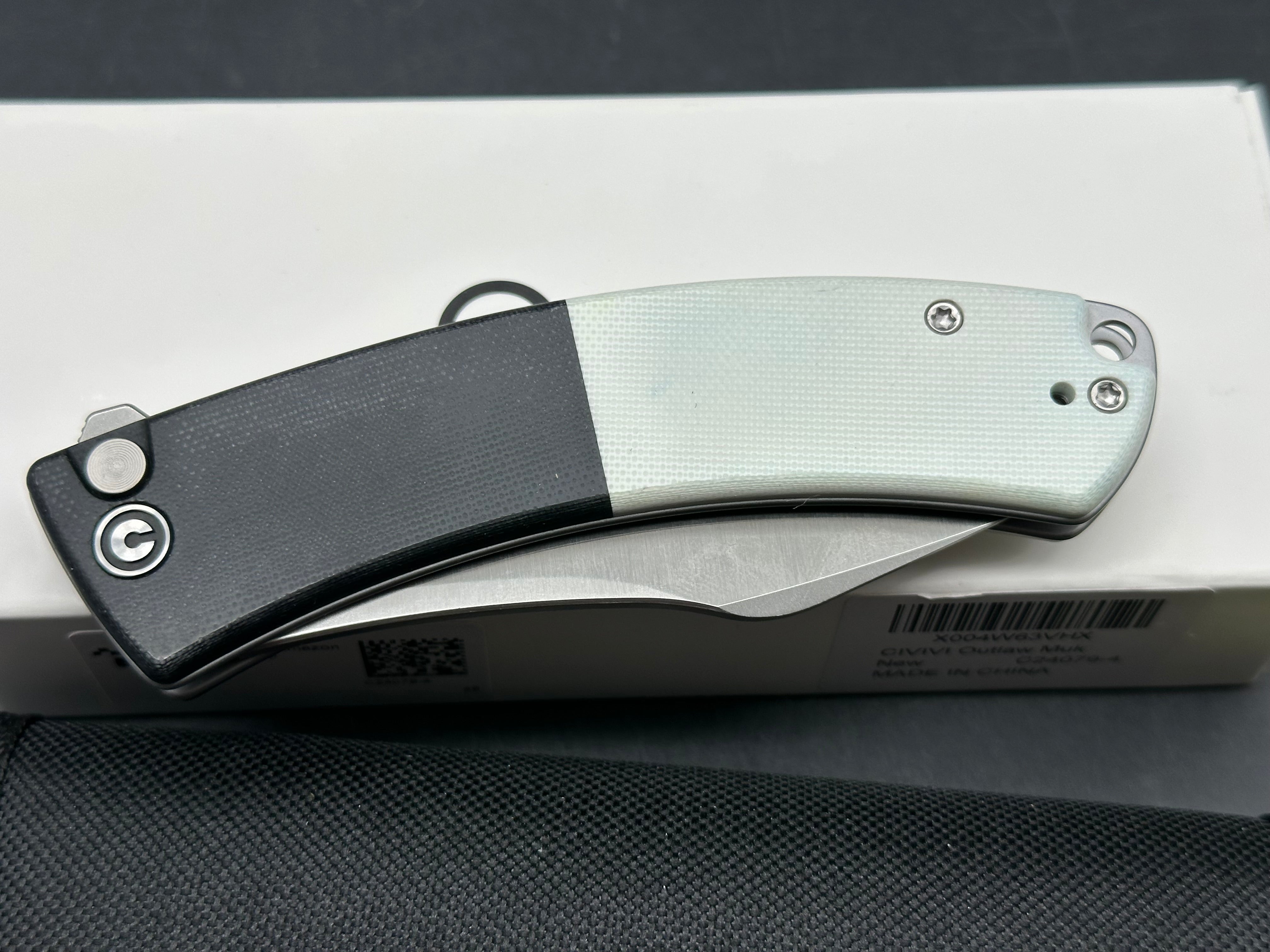 CIVIVI Outlaw Muk Button Lock Knife Black & White G-10 (3.5" Satin 14C28N)