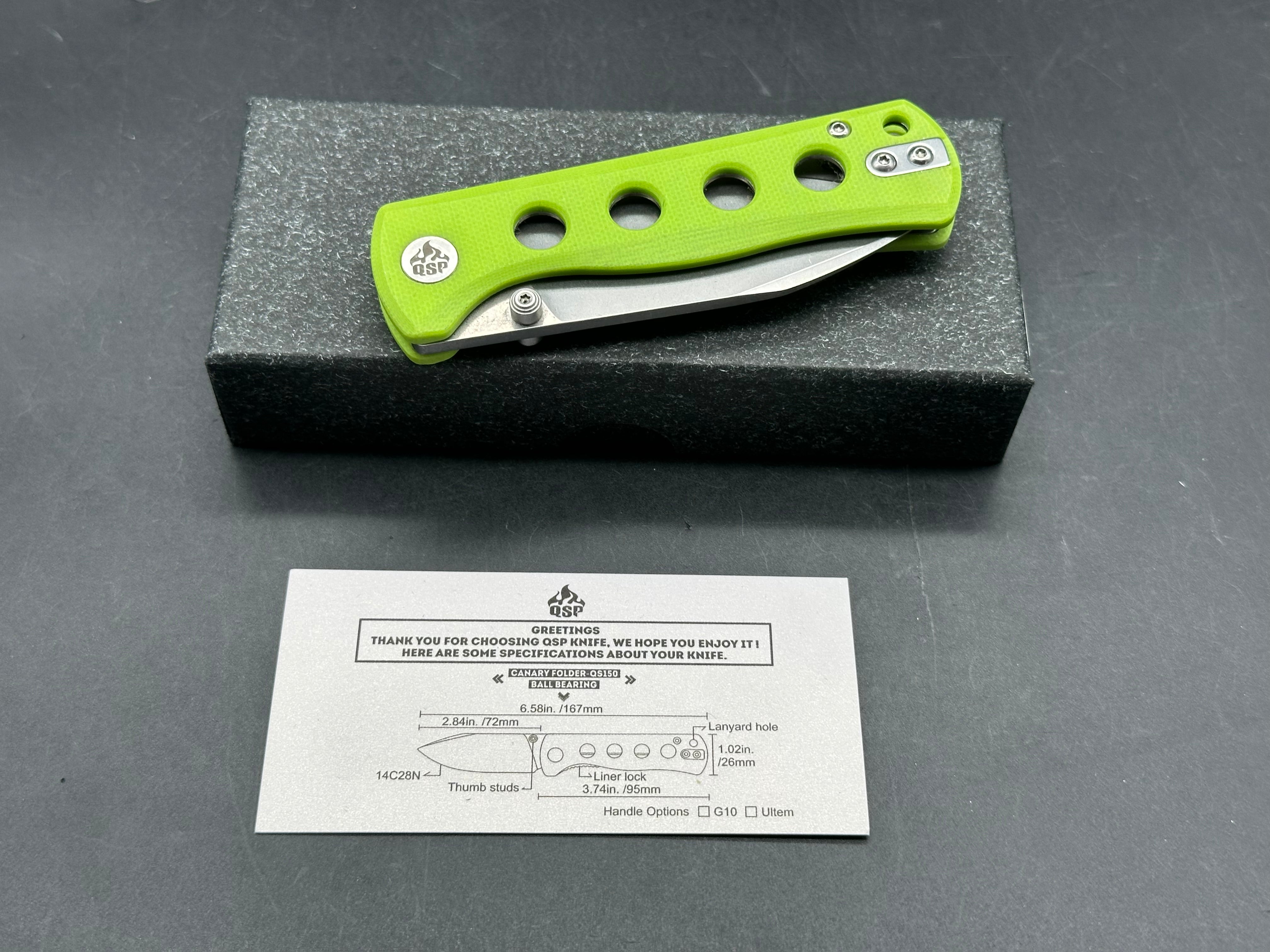 QSP CANARY FOLDING KNIFE NEON G10 HANDLE 14C28N PLAIN BLADE