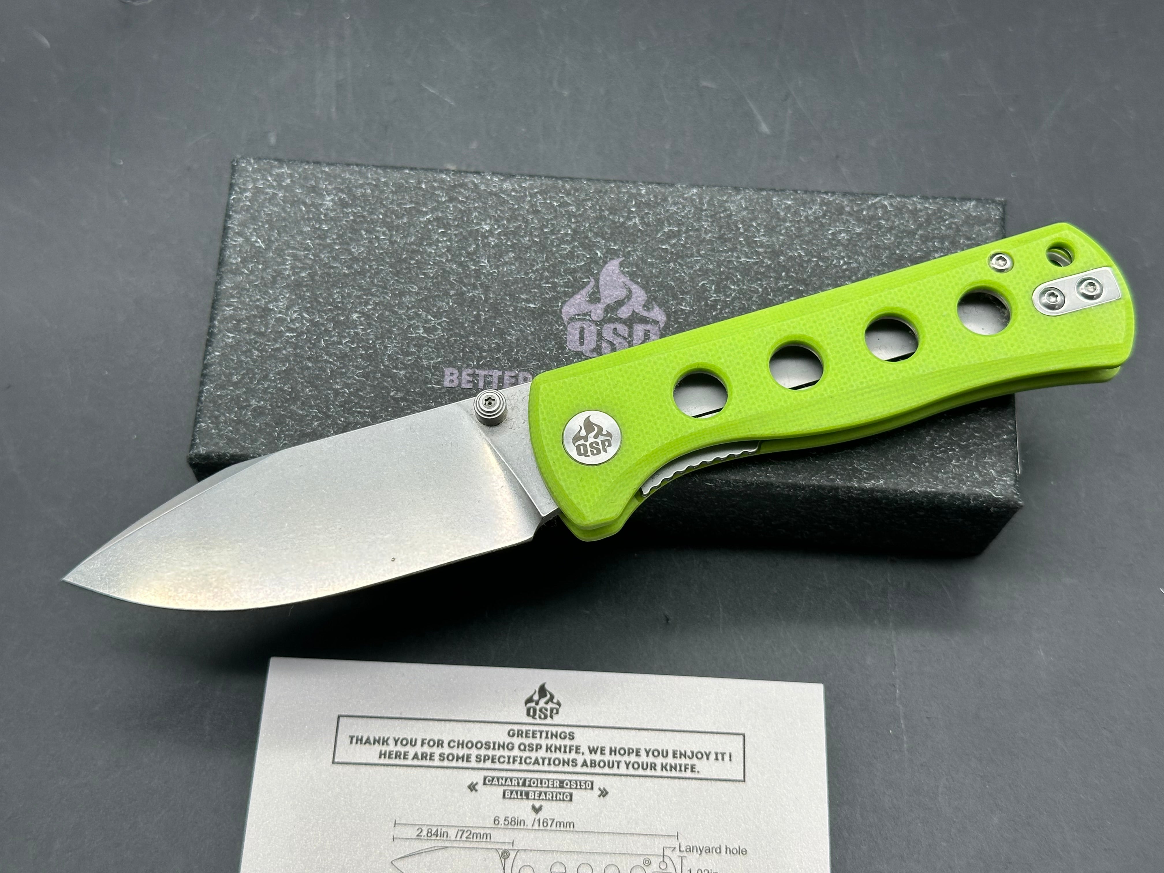 QSP CANARY FOLDING KNIFE NEON G10 HANDLE 14C28N PLAIN BLADE
