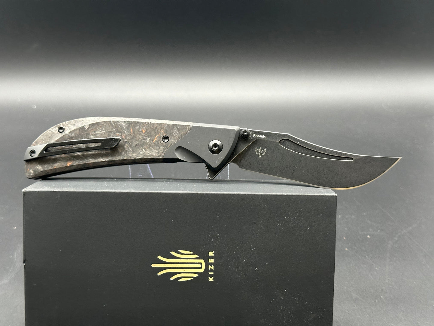 Kizer Phoenix Liner Lock Knife Black /Gray/Orange Fat Carbon (3.5" Blk)