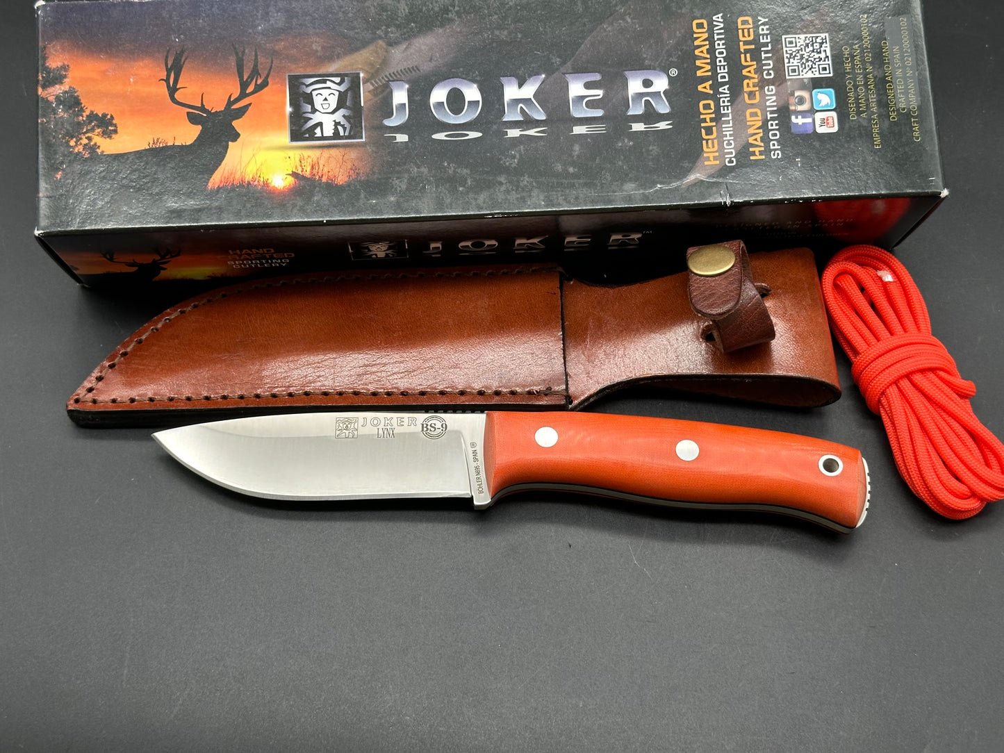 Joker Bushcraft Survival Drop Point Knife with Orange Canvas Micarta