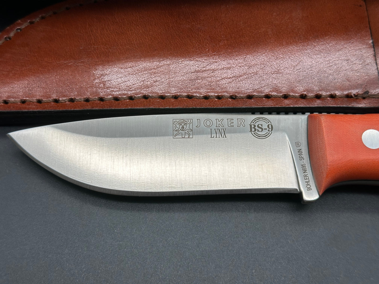 Joker Bushcraft Survival Drop Point Knife with Orange Canvas Micarta