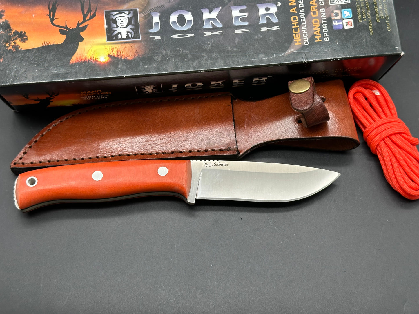 Joker Bushcraft Survival Drop Point Knife with Orange Canvas Micarta