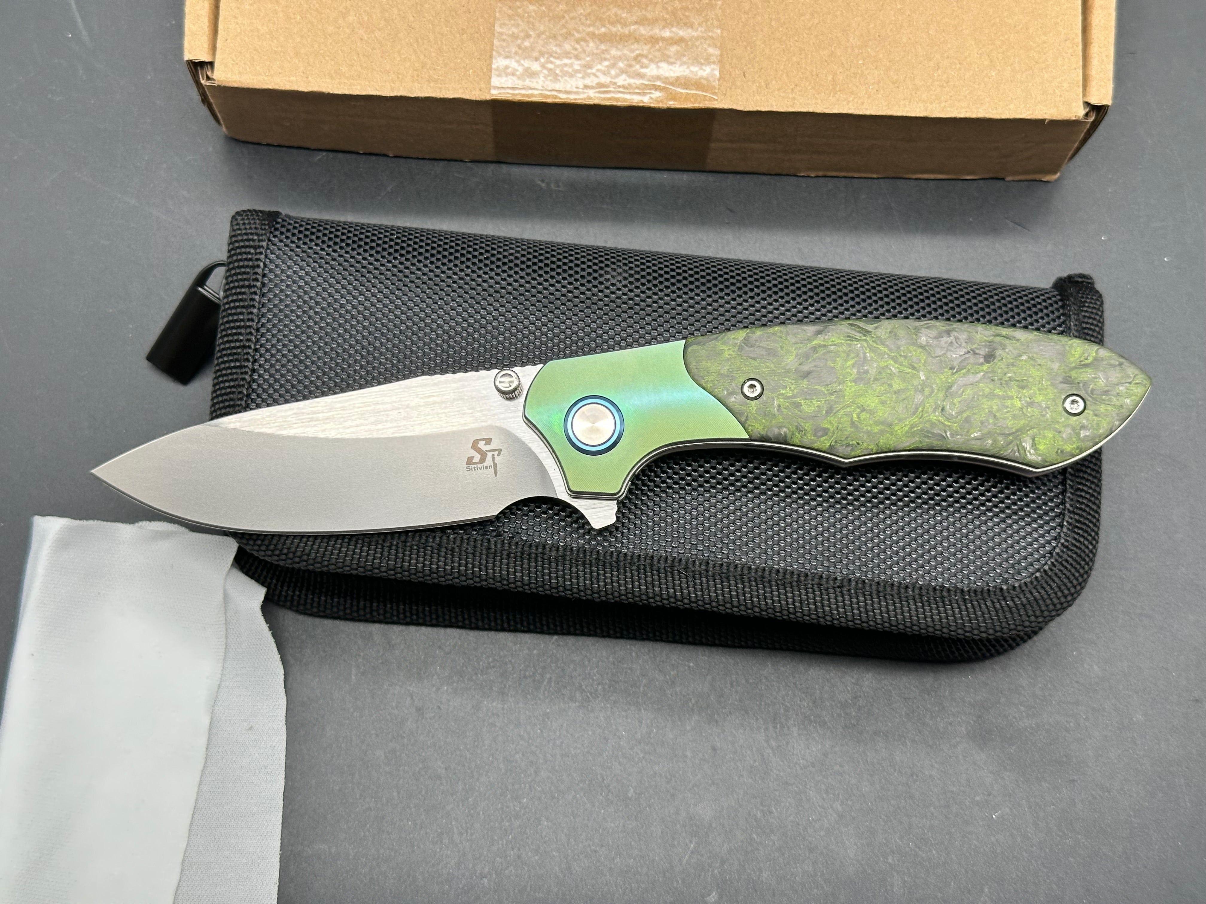 Sitivien ST272 Folding Knife, S90V Blade Titanium Green Carbon Fiber Handle