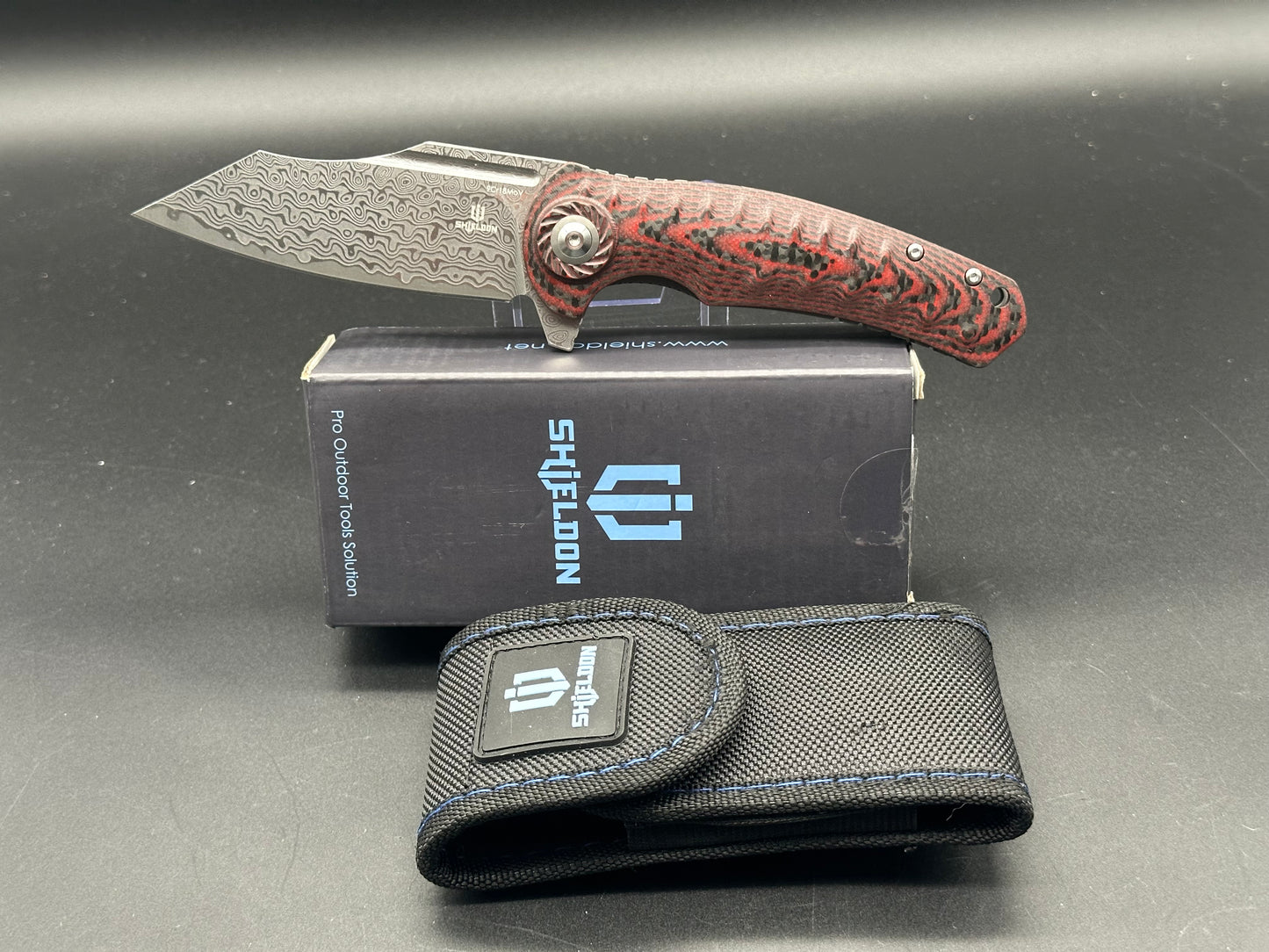 SHIELDON TRANCHODON RED CF/G10 HANDLE REVERSE TANTO DAMASCUS