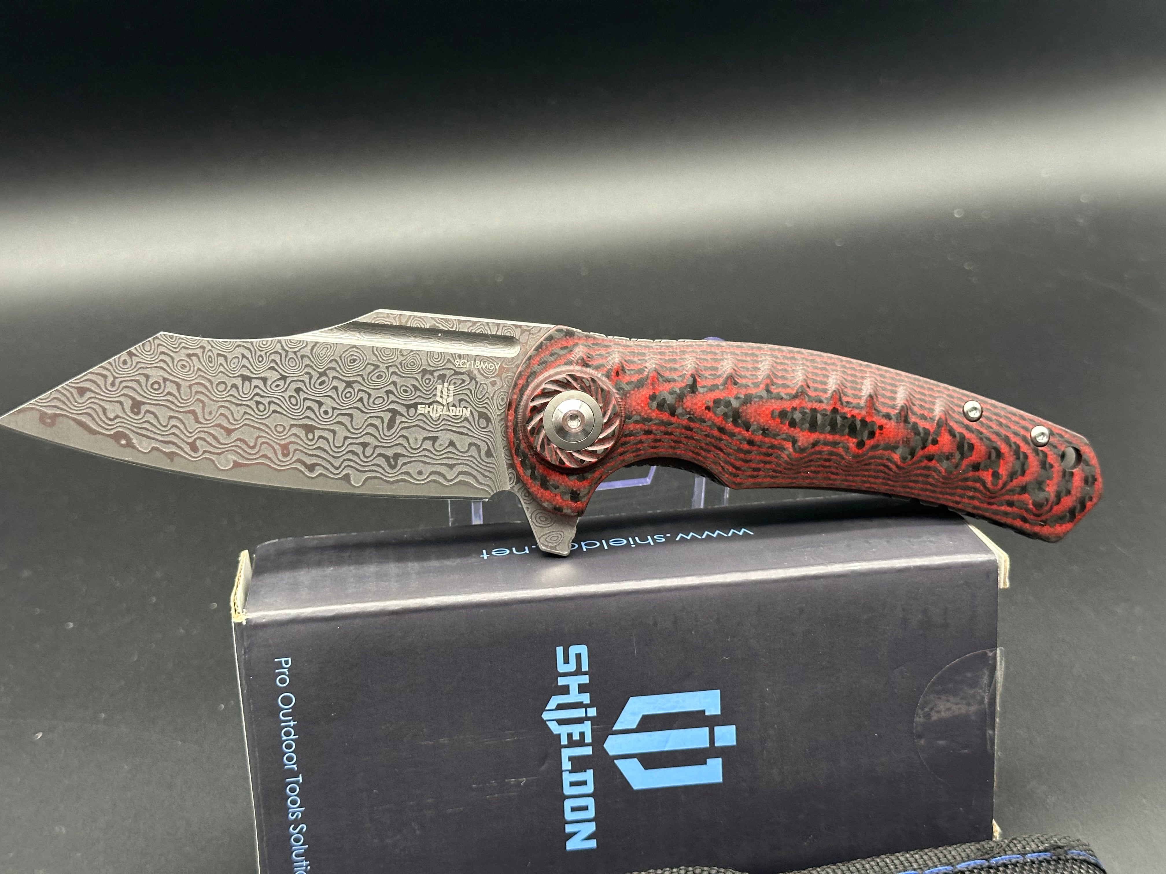 SHIELDON TRANCHODON RED CF/G10 HANDLE REVERSE TANTO DAMASCUS