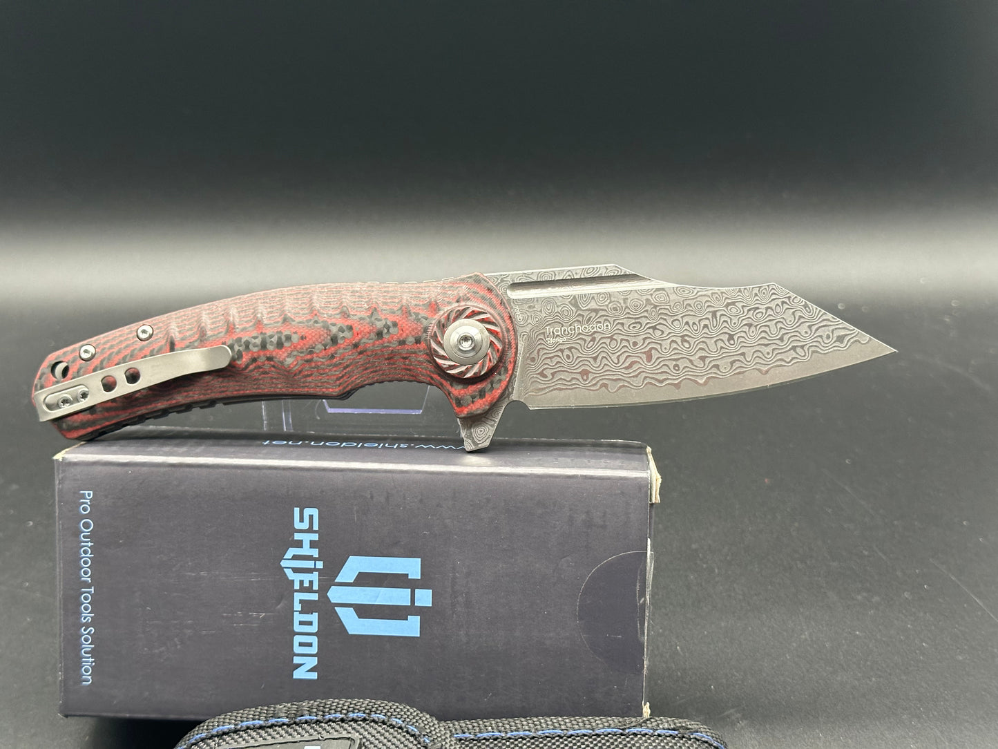 SHIELDON TRANCHODON RED CF/G10 HANDLE REVERSE TANTO DAMASCUS