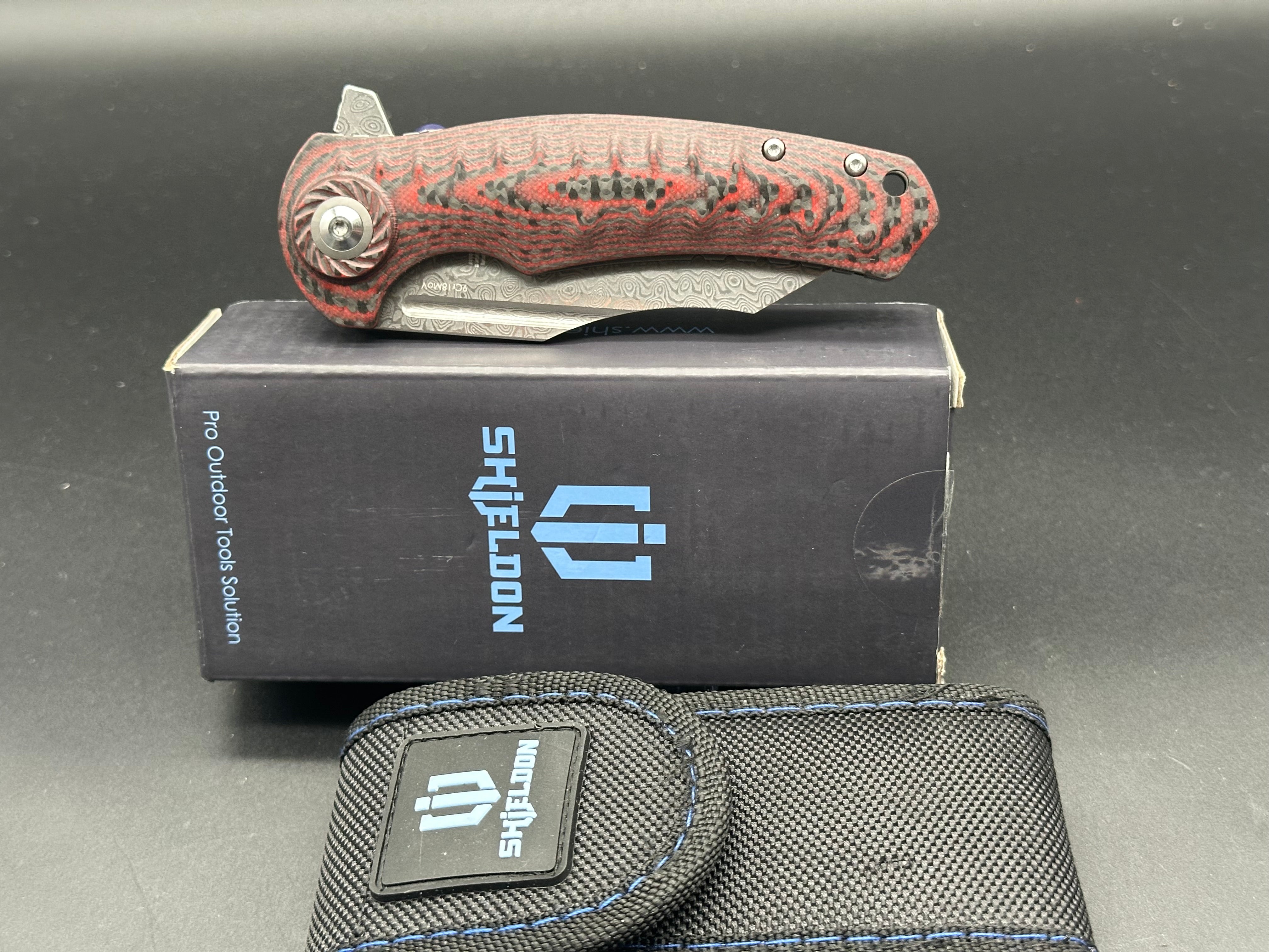 SHIELDON TRANCHODON RED CF/G10 HANDLE REVERSE TANTO DAMASCUS