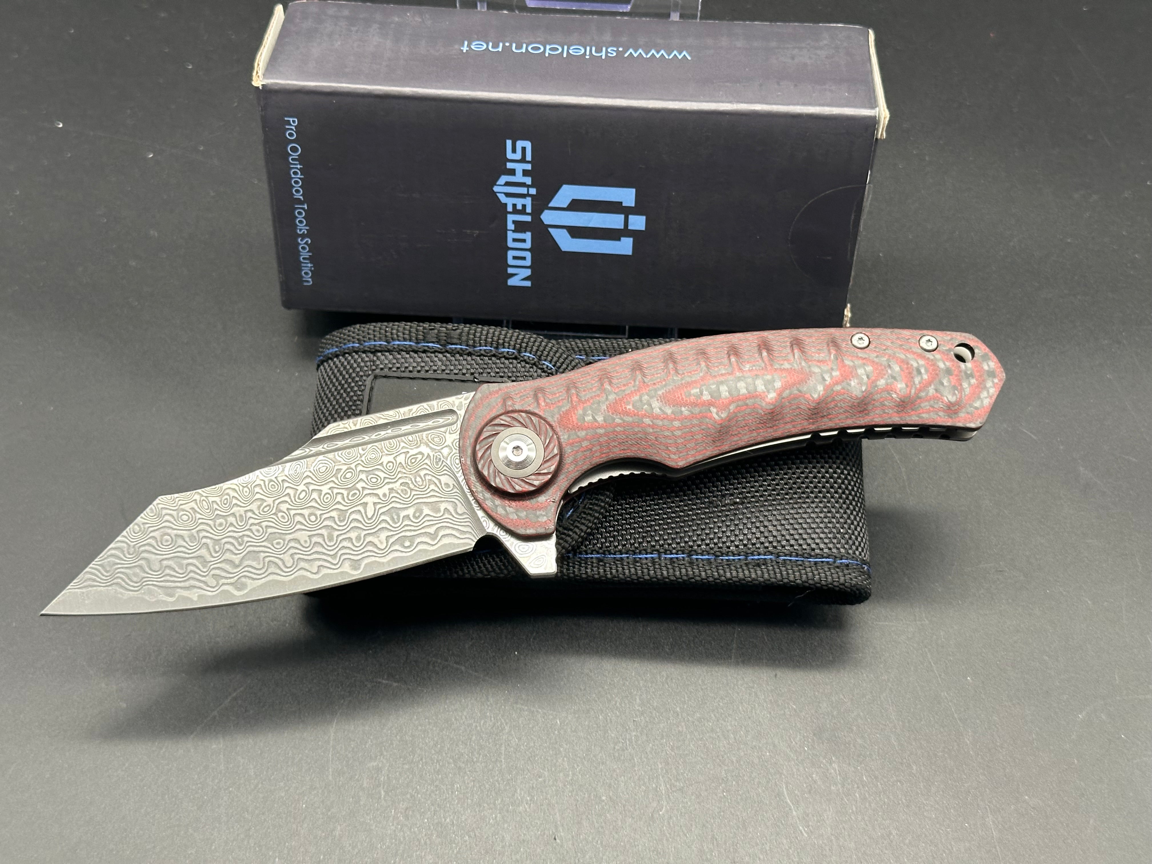 SHIELDON TRANCHODON RED CF/G10 HANDLE REVERSE TANTO DAMASCUS