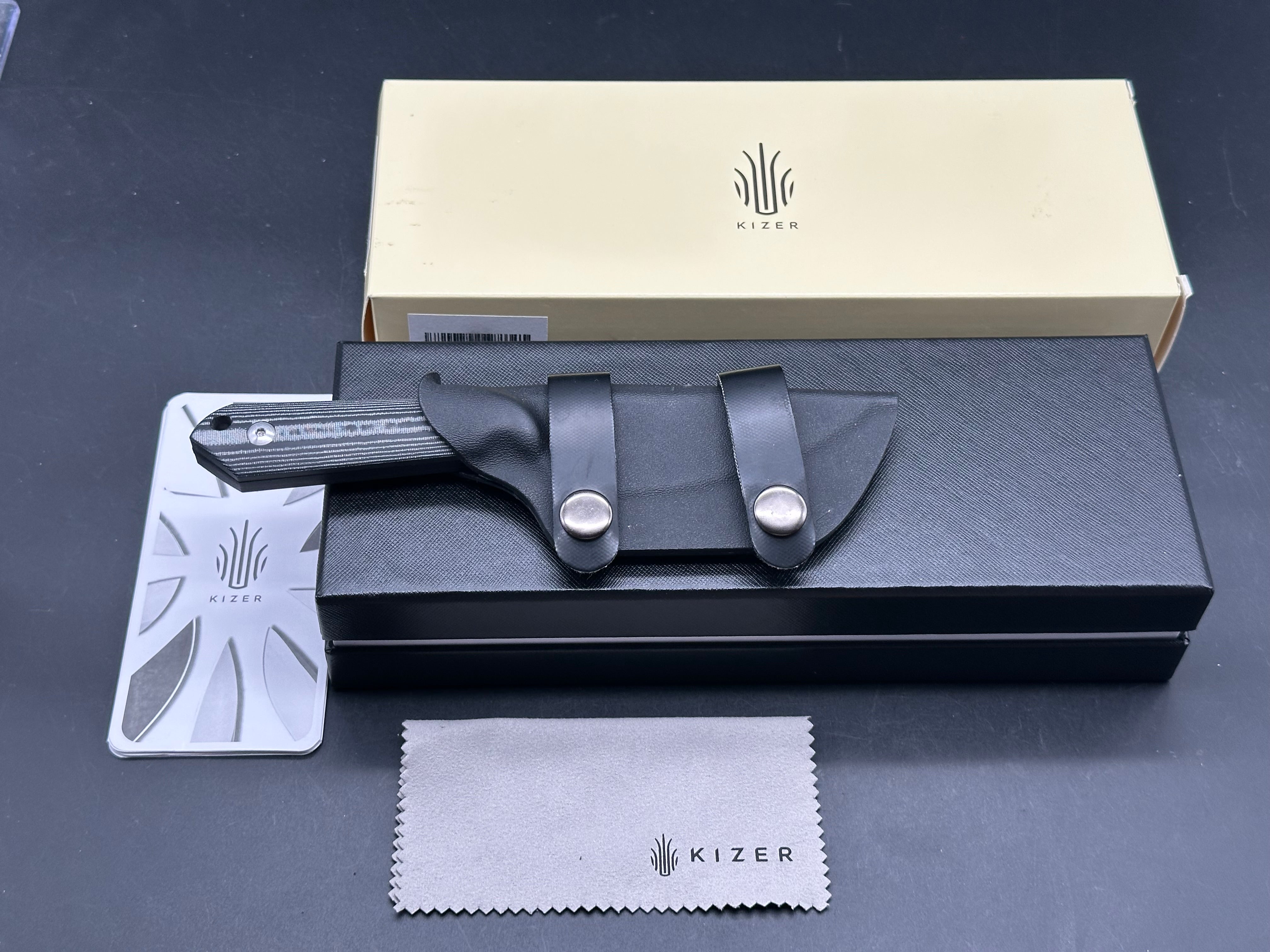 KIZER HARPOON FIXED BLADE KNIFE MICARTA HANDLE PLAIN BLACK D2 BLADE