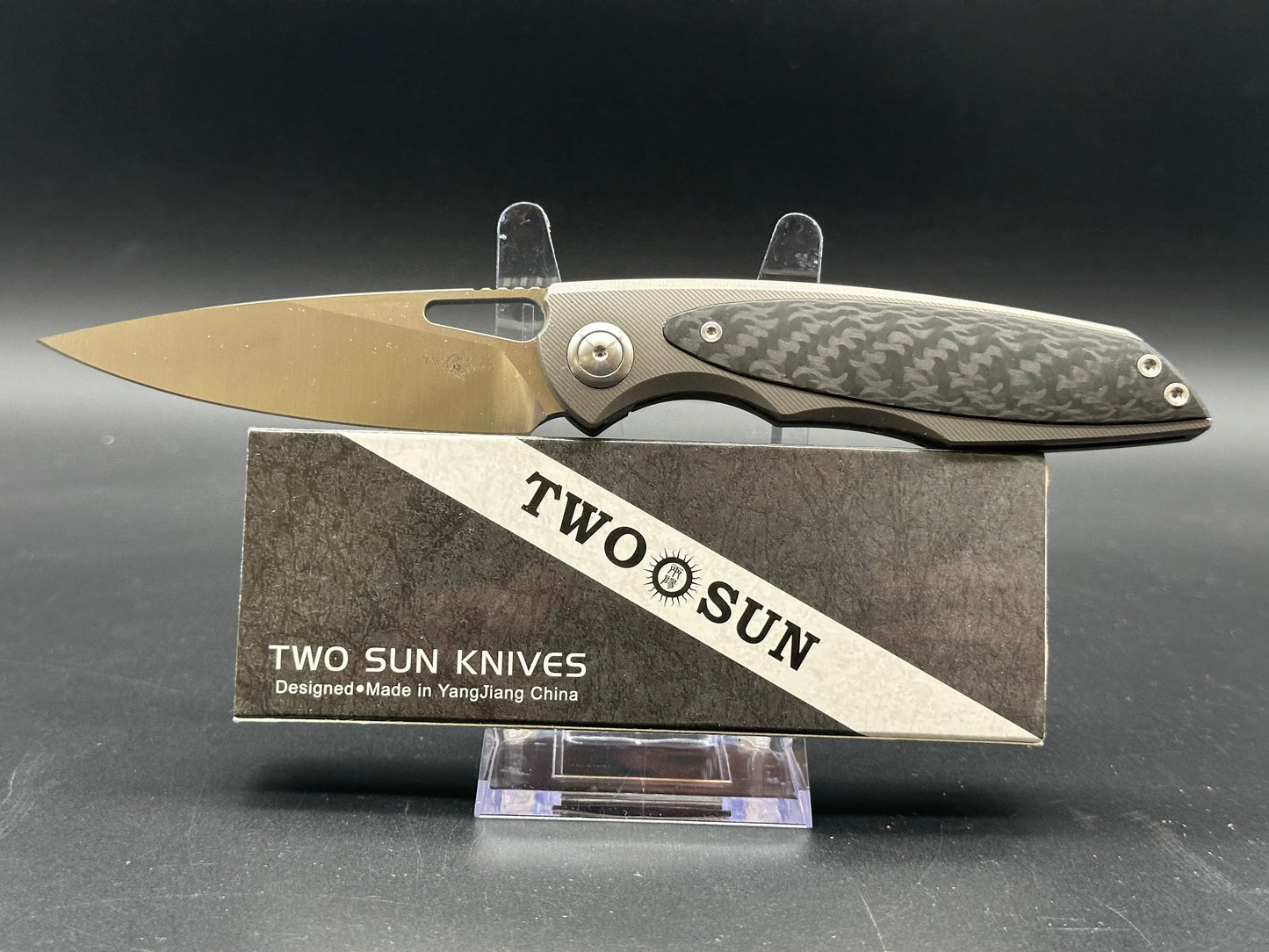 TWOSUN TS215 FOLDING KNIFE TITANIUM/CARBON FIBER HANDLE 14C28N PLAIN EDGE