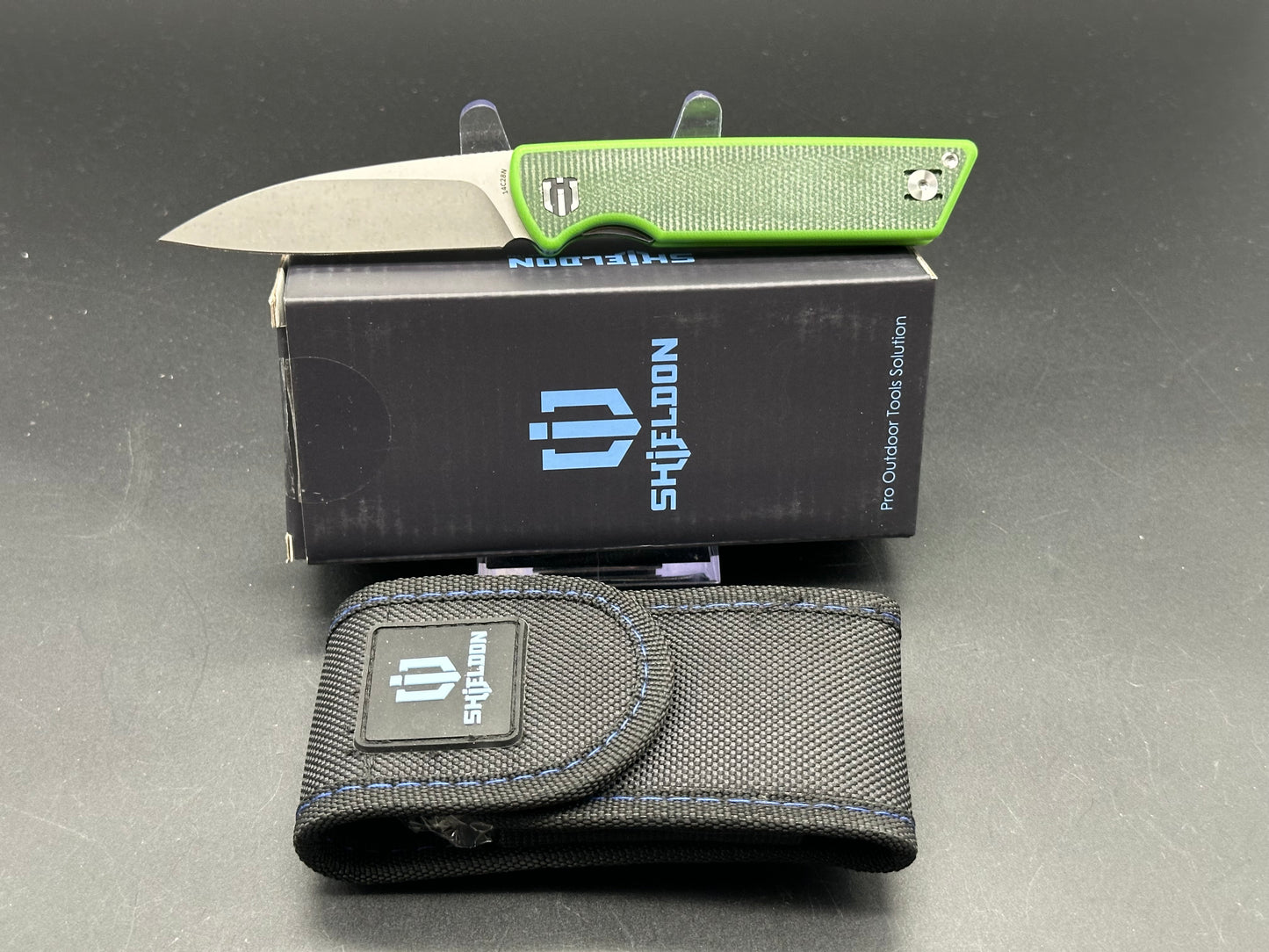 SHIELDON STINGER BLACK GREEN MICARTA/G10 HANDLE 14C28N PLAIN EDGE