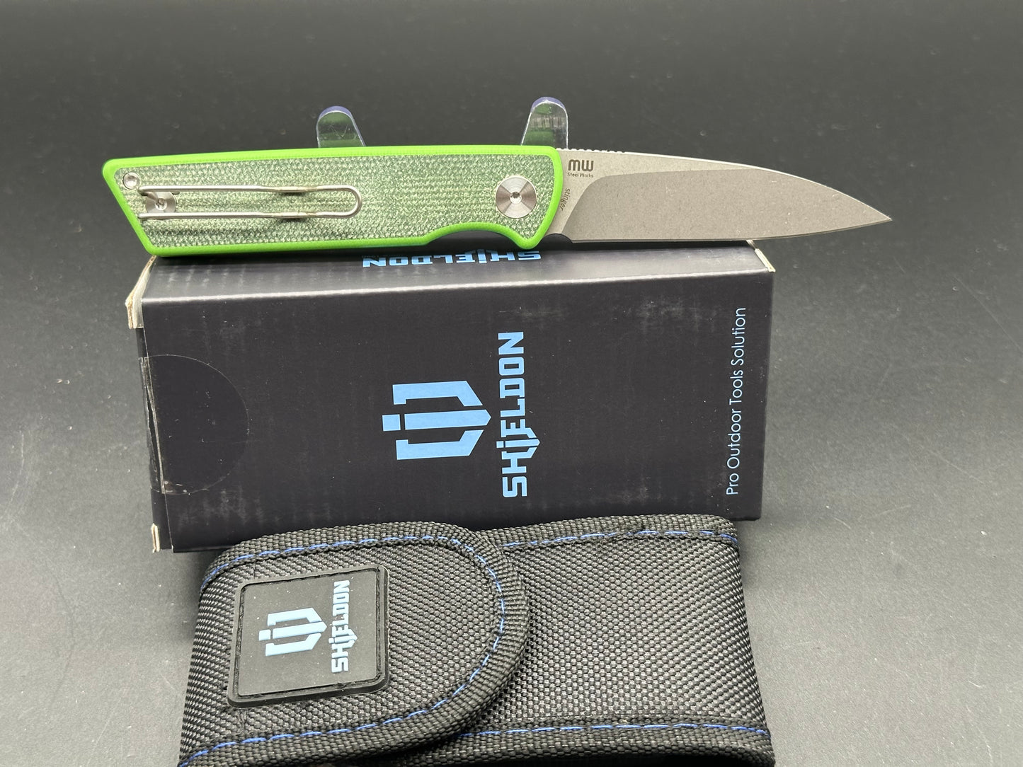 SHIELDON STINGER BLACK GREEN MICARTA/G10 HANDLE 14C28N PLAIN EDGE