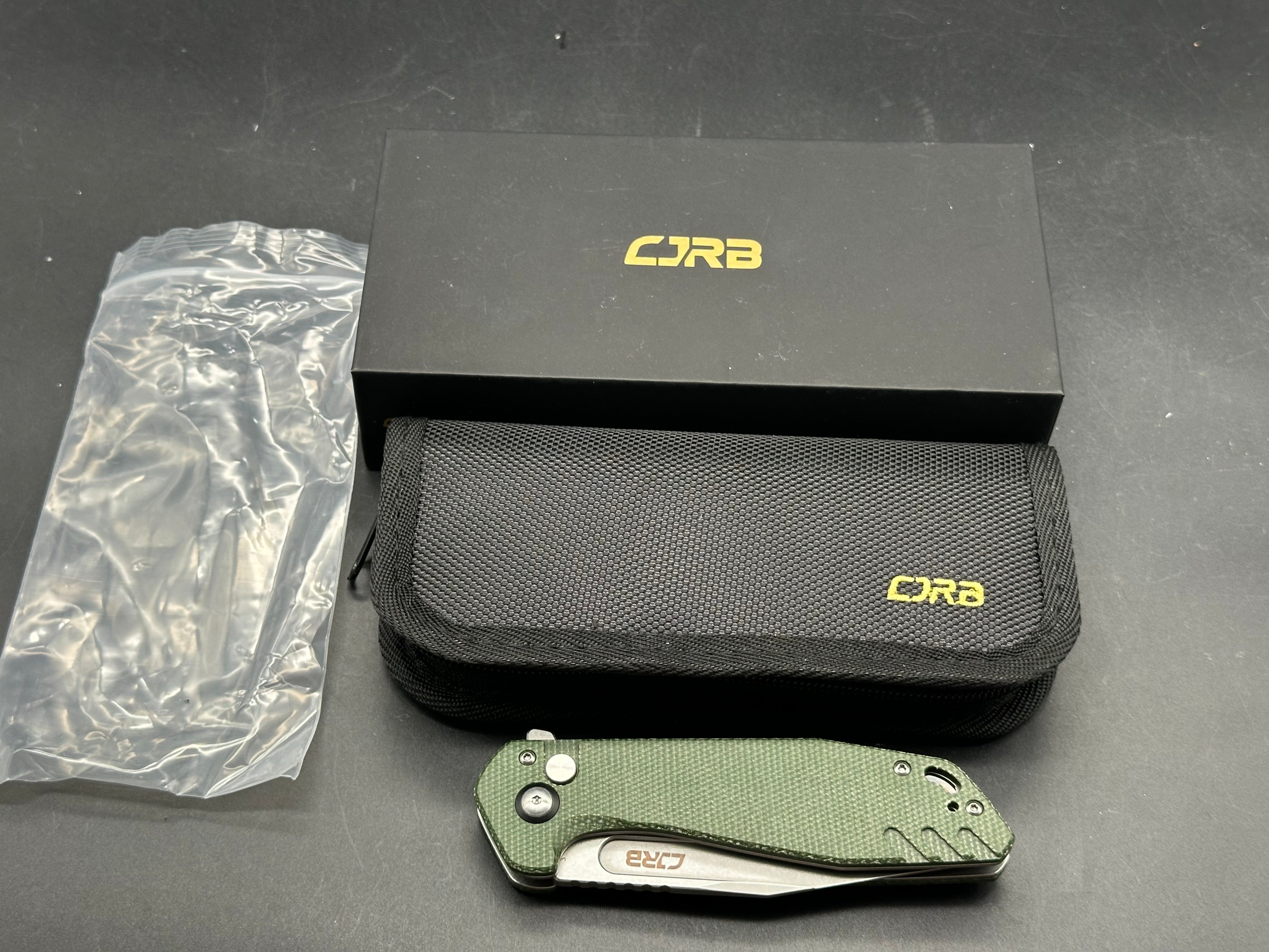 CJRB RIFF BUTTON LOCK FOLDING KNIFE GREEN MICARTA HANDLE AR-RPM9 CLIP POINT BLADE