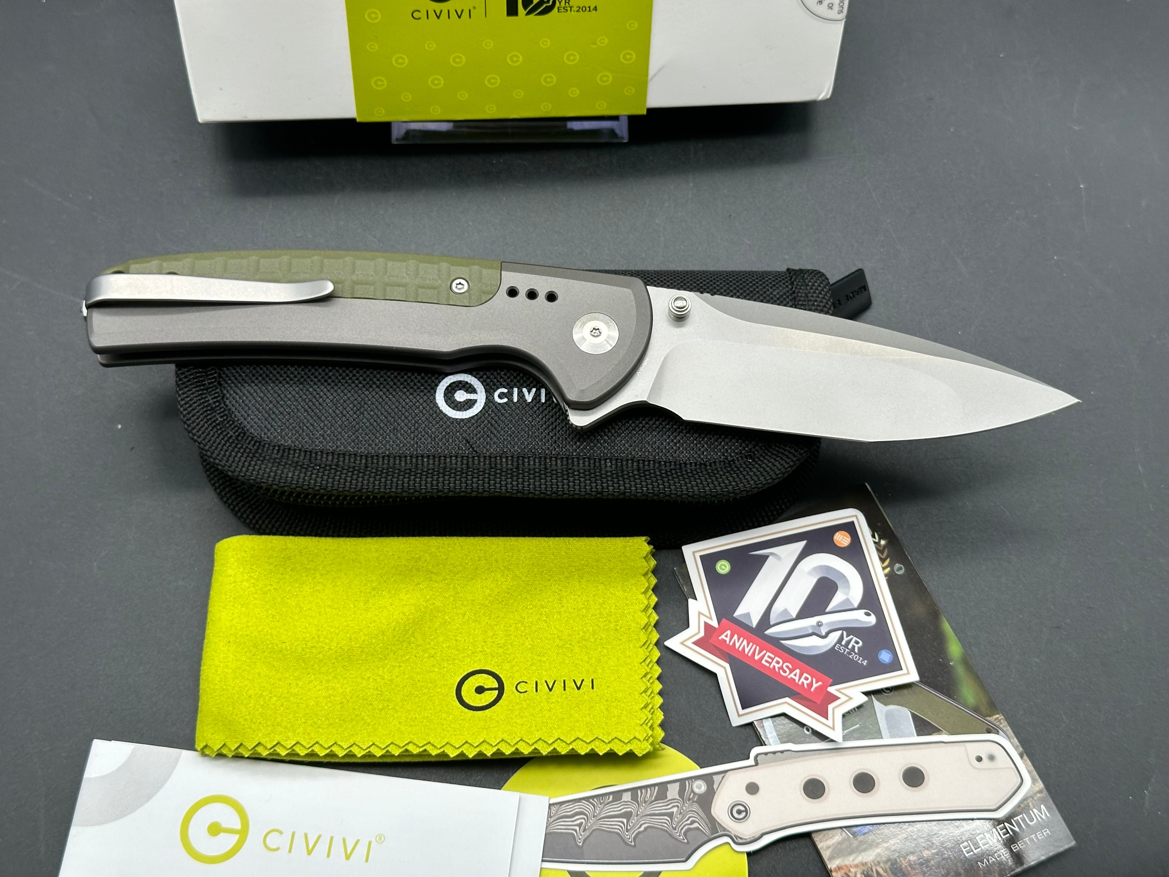 CIVIVI SENTINEL STRIKE II GRAY ALUMINUM/OD GREEN HANDLE NITROV PLAIN EDGE