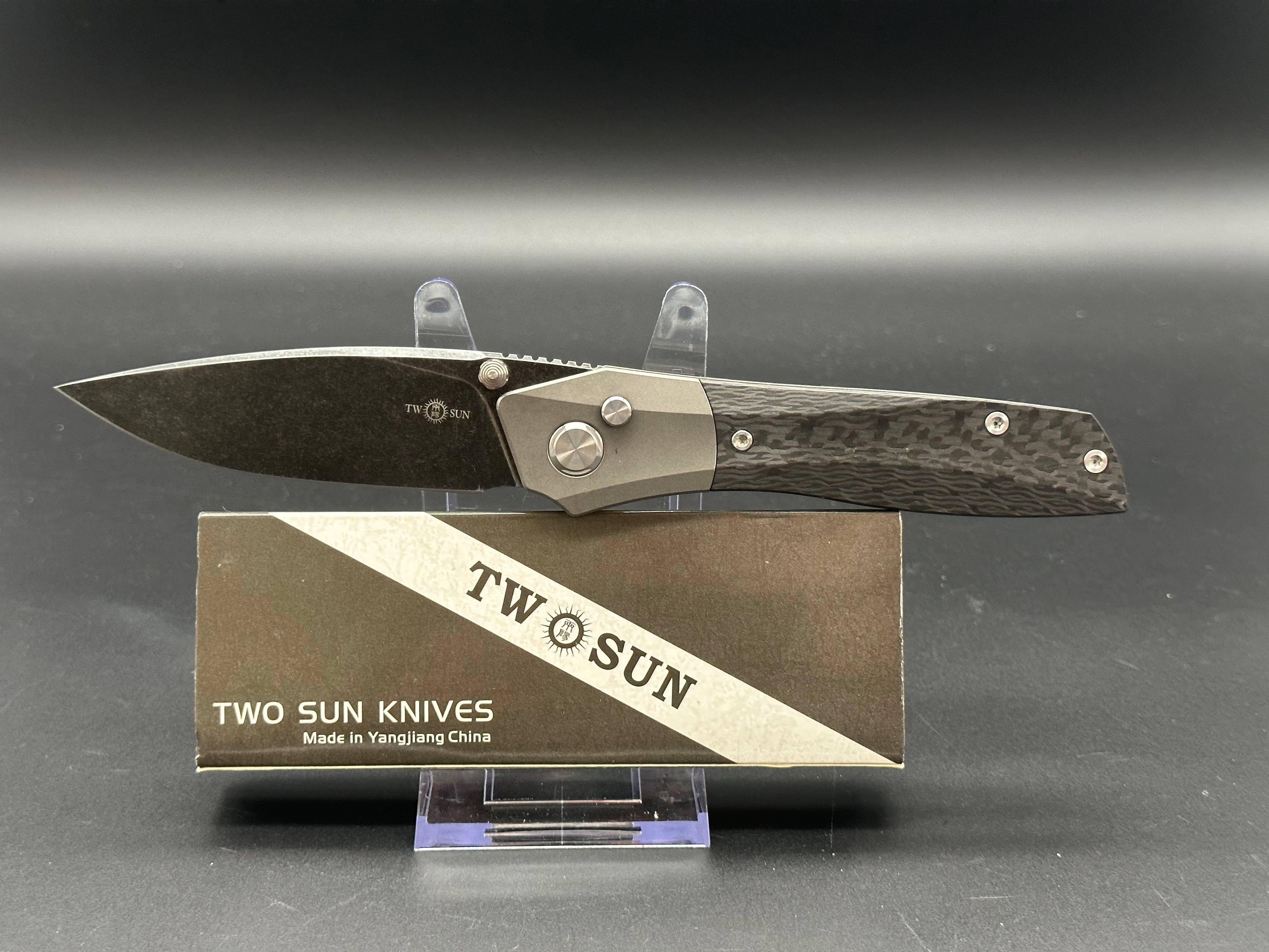 TwoSun TS303 Button Lock Carbon Fiber/Titanium handle w/M390 blade $145