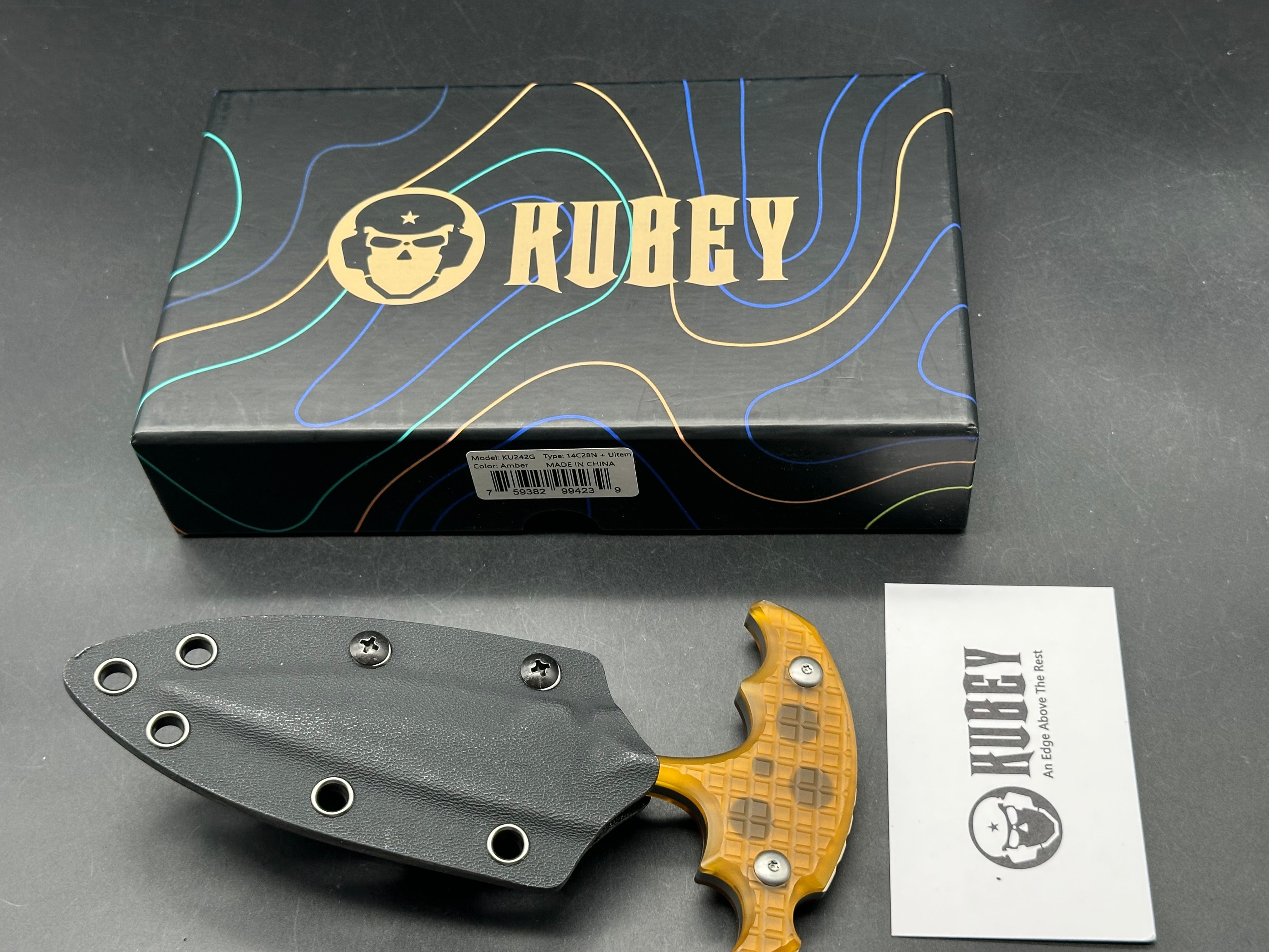 KUBEY MEDUSA FIXED BLADE KNIFE ULTEM HANDLE 14C28N SPEAR POINT PLAIN EDGE