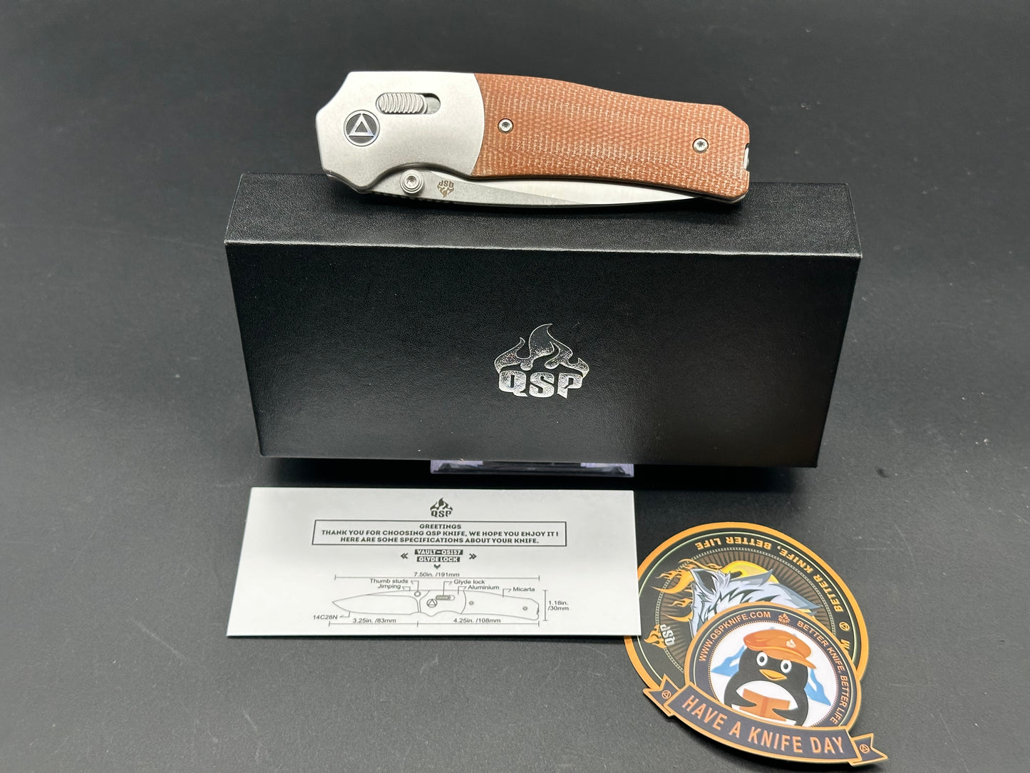 QSP VAULT GLYDELOCK FOLDING KNIFE TAN MICARTA HANDLE 14C28N PLAIN EDGE SATIN FINISH