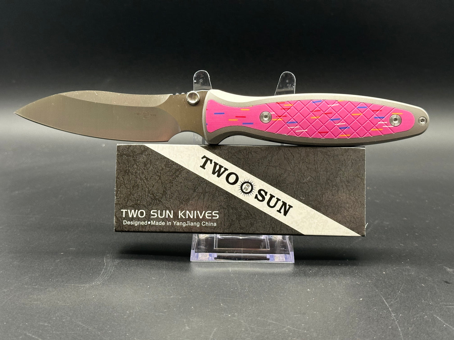 TWOSUN TS441 FOLDING KNIFE PINK/COLOR TITANIUM/G10 HANDLE 154CM PLAIN EDGE