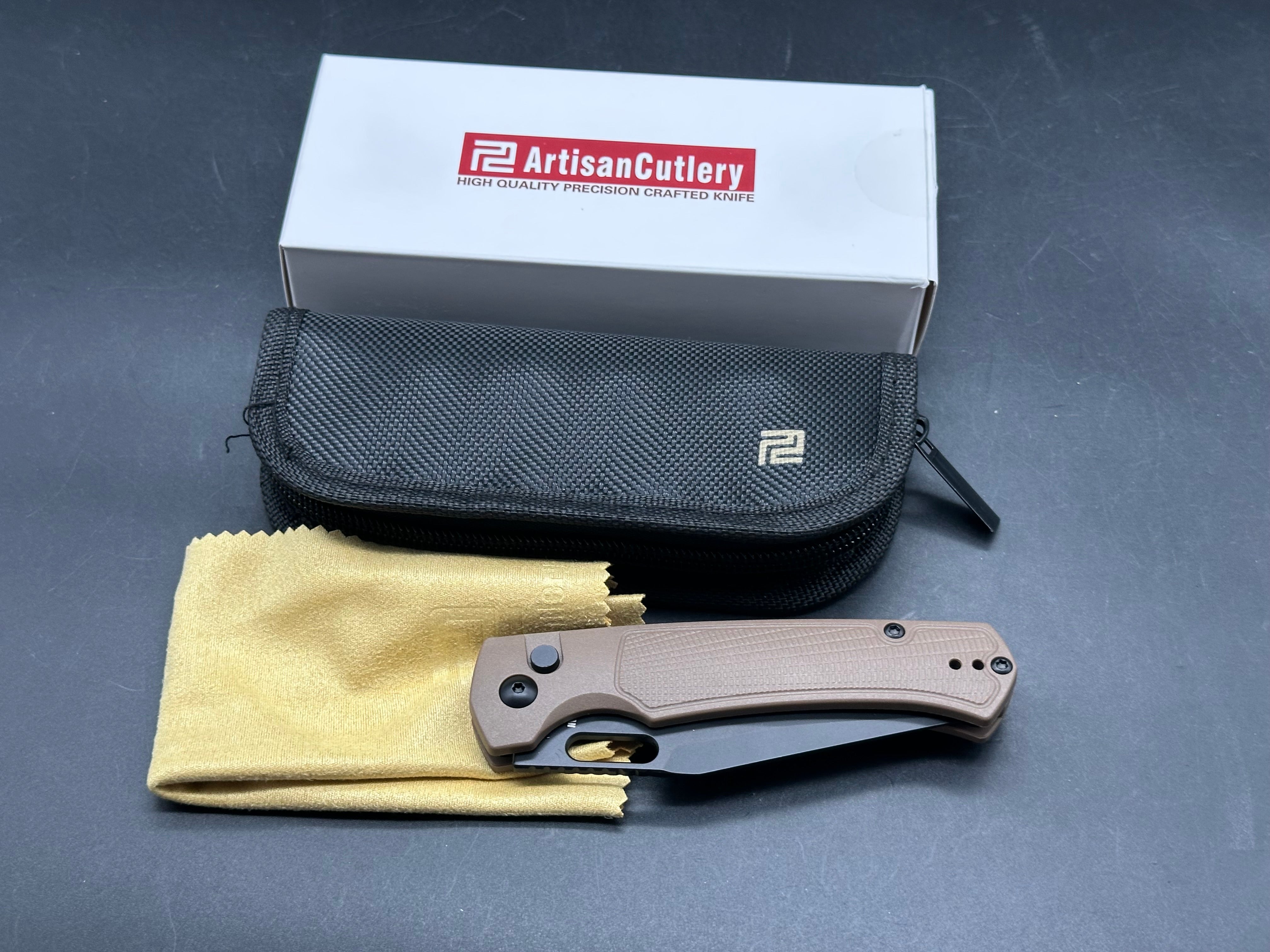 ARTISAN CUTLERY REVEL FOLDING KNIFE BROWN FRN HANDLE AR-RPM9 PLAIN BLACK BLADE
