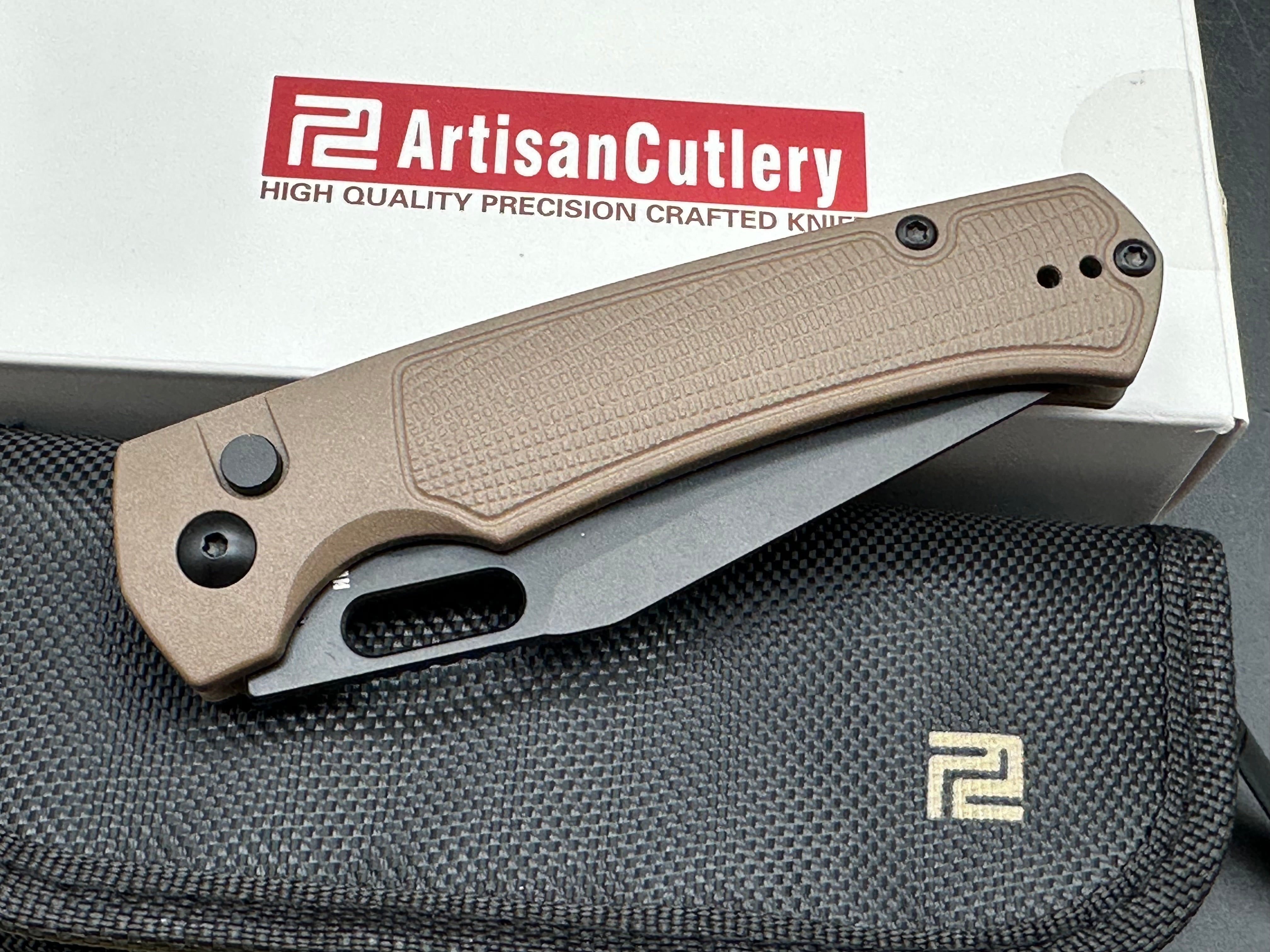 ARTISAN CUTLERY REVEL FOLDING KNIFE BROWN FRN HANDLE AR-RPM9 PLAIN BLACK BLADE