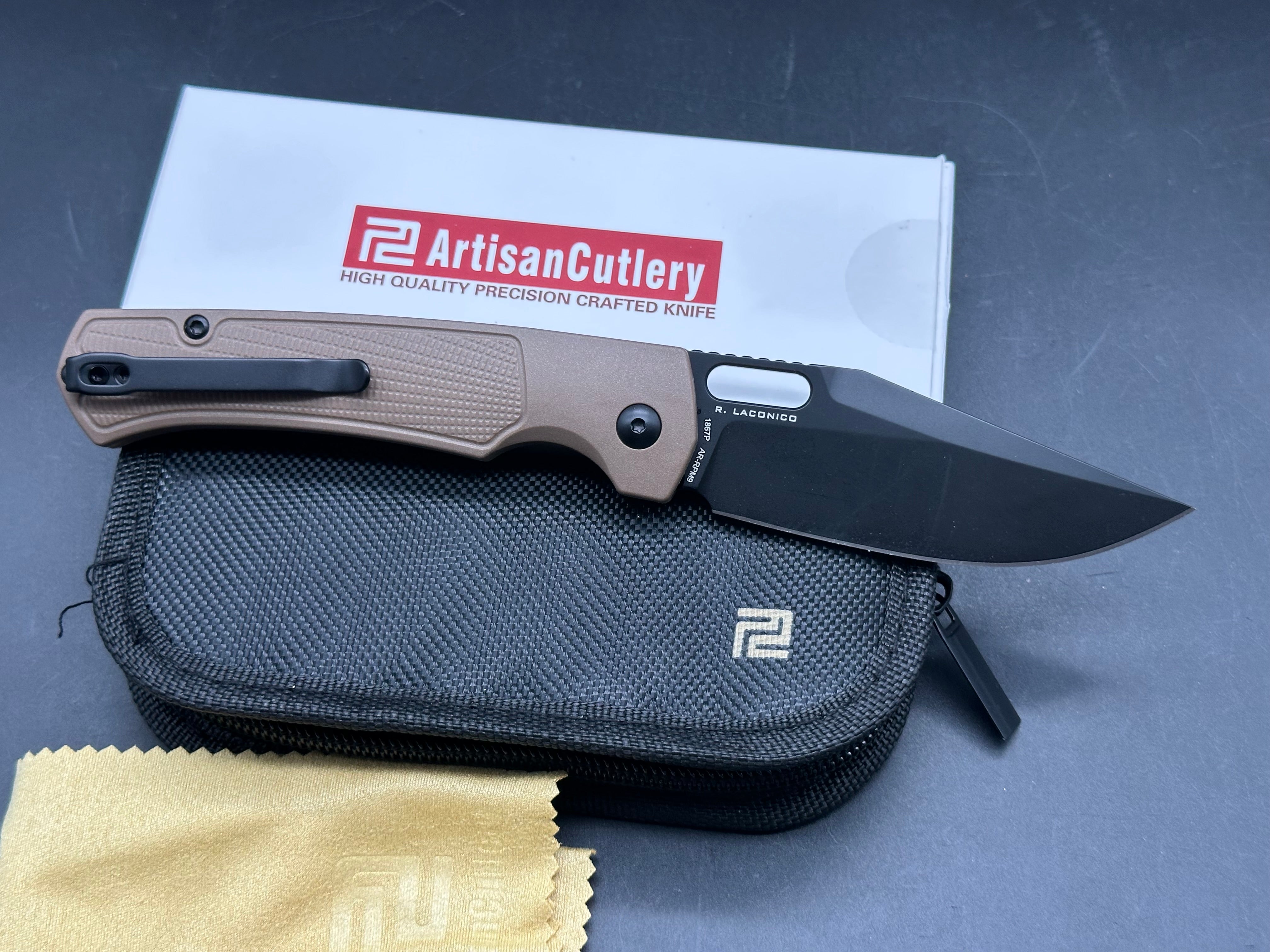 ARTISAN CUTLERY REVEL FOLDING KNIFE BROWN FRN HANDLE AR-RPM9 PLAIN BLACK BLADE