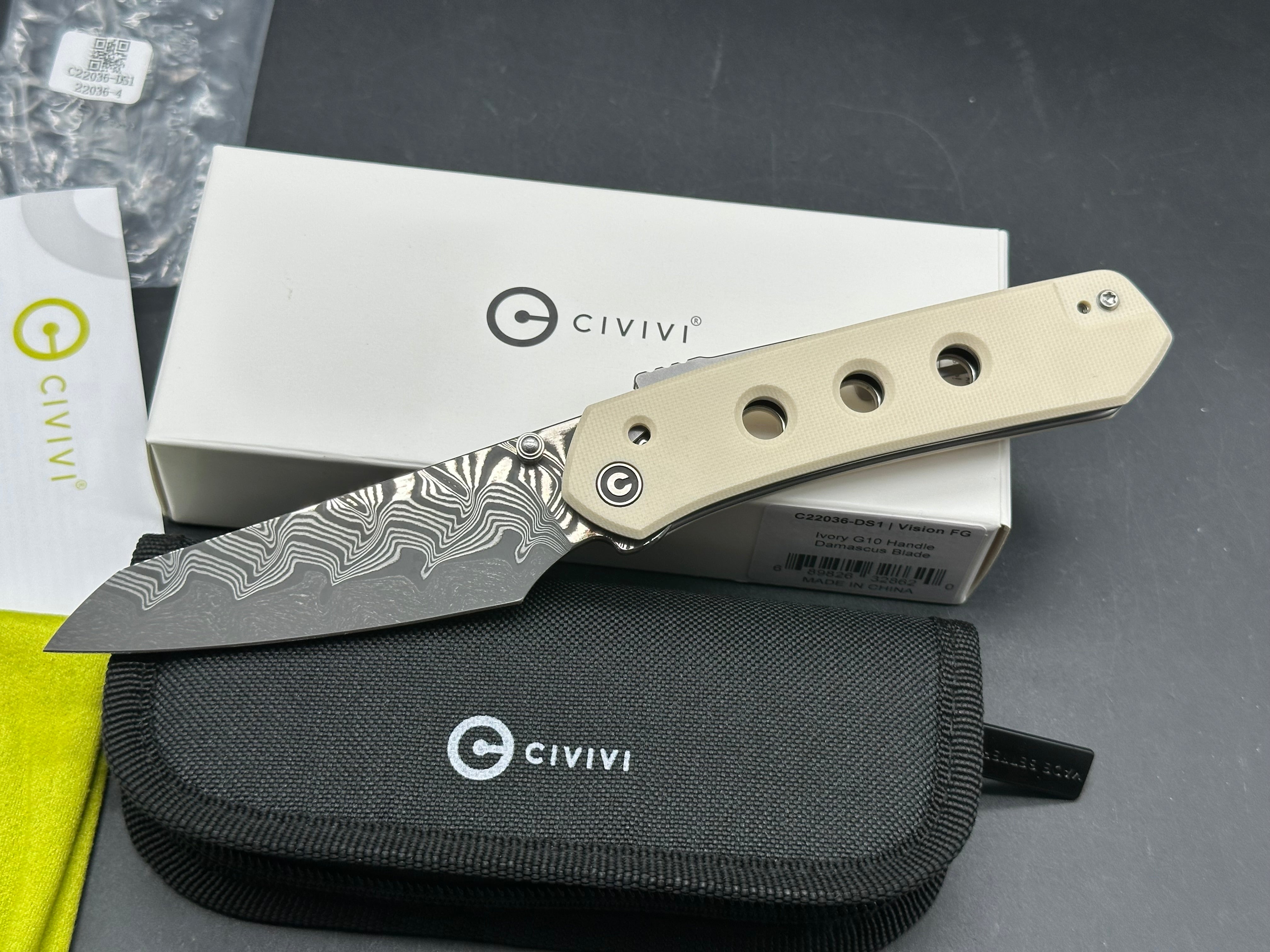 CIVIVI VISION FG FOLDING KNIFE WHITE G10 HANDLE DAMASCUS REVERSE TANTO PLAIN EDGE