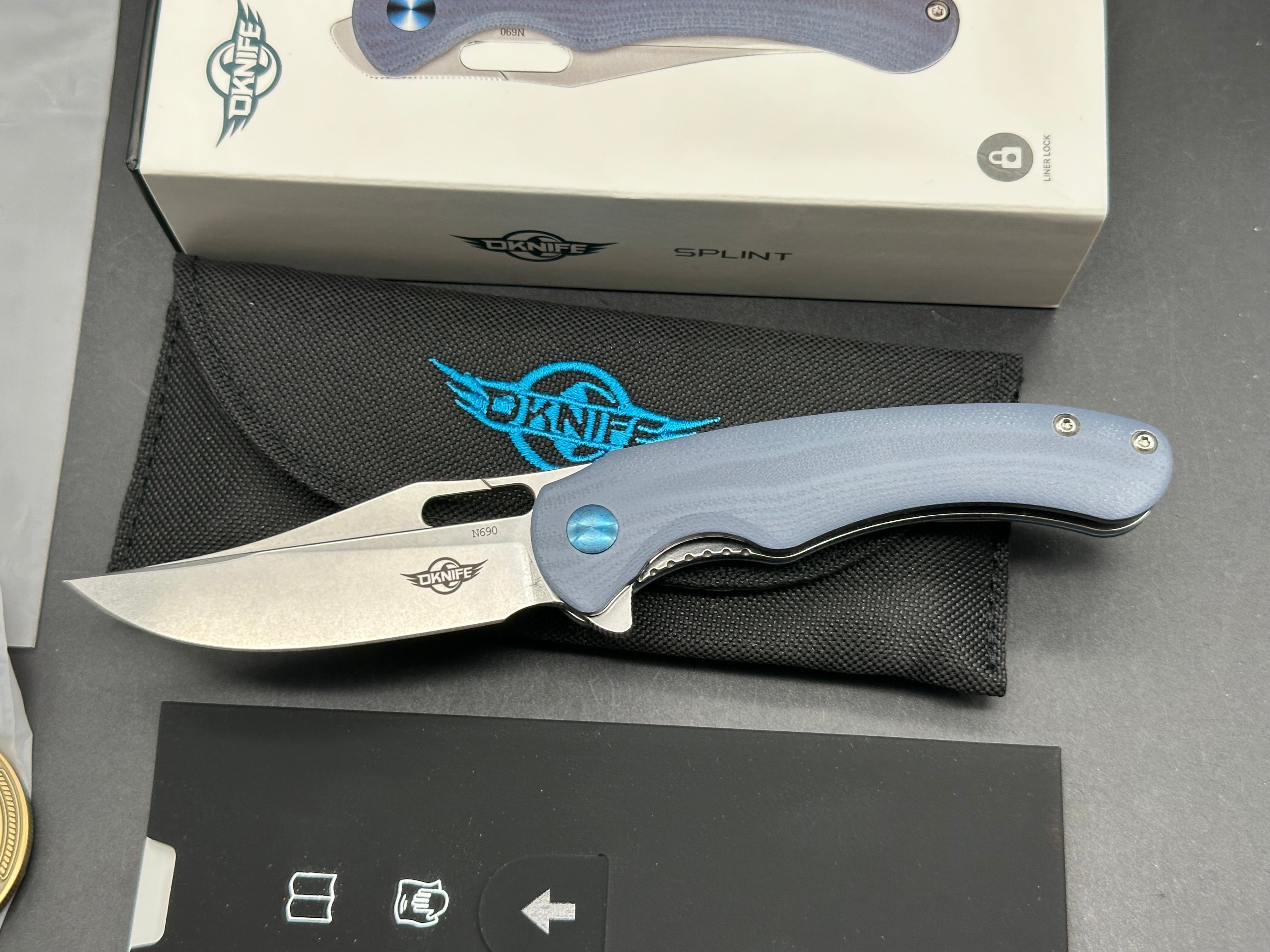 Oknife Splint Flipper Knife 2.97" Stonewashed N690 Clip Point Blade, Gray (Blue) G10 Handles, Liner Lock