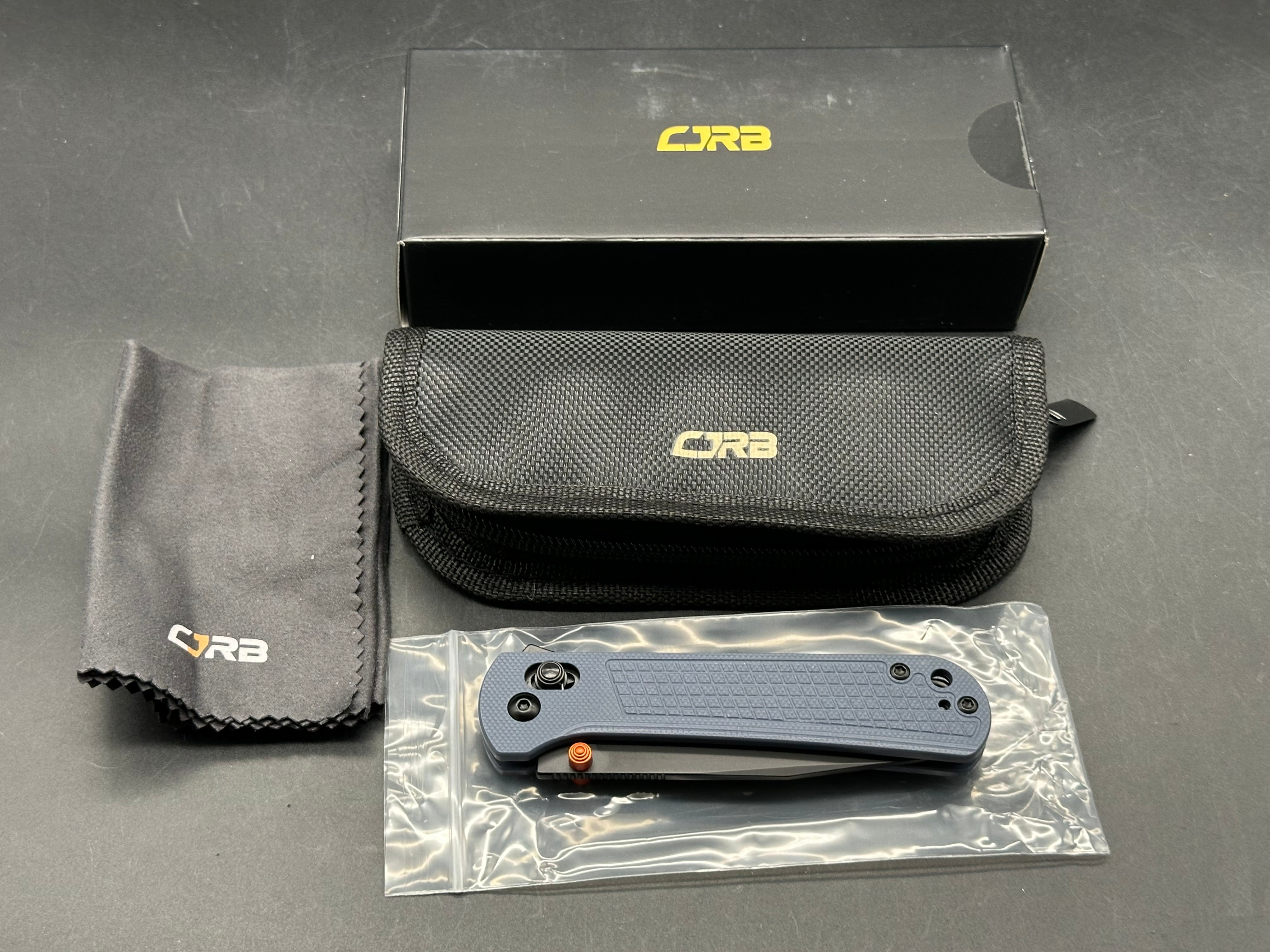 CJRB Bolt Folding Knife Blue G10 Handle AR-RPM9 Drop Point Plain Edge Black PVD Finish