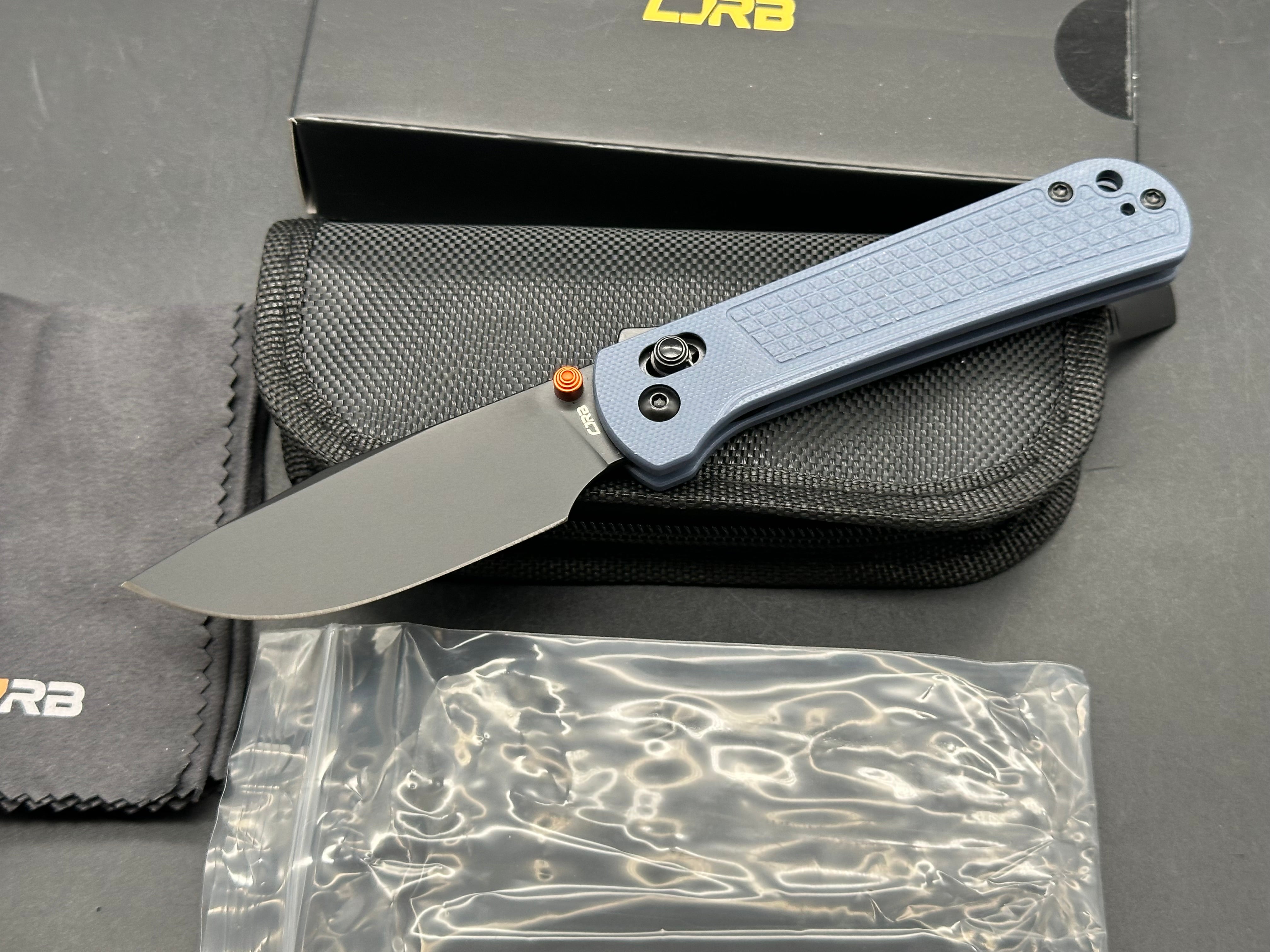 CJRB Bolt Folding Knife Blue G10 Handle AR-RPM9 Drop Point Plain Edge Black PVD Finish