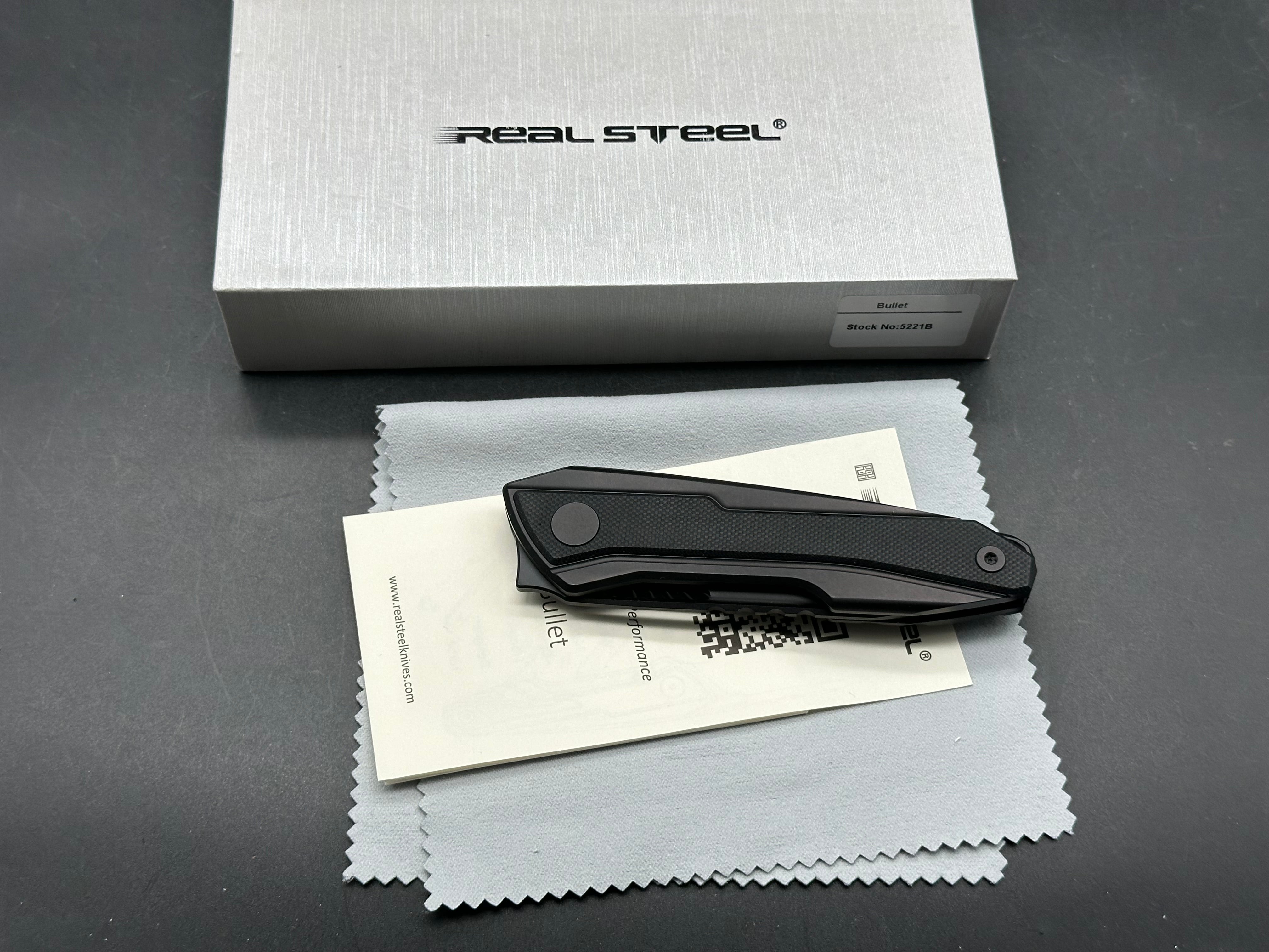 Real Steel Bullet EDC Folding Knife Black Titanium/G10 Handle S35VN Modified Tanto Plain black Blade
