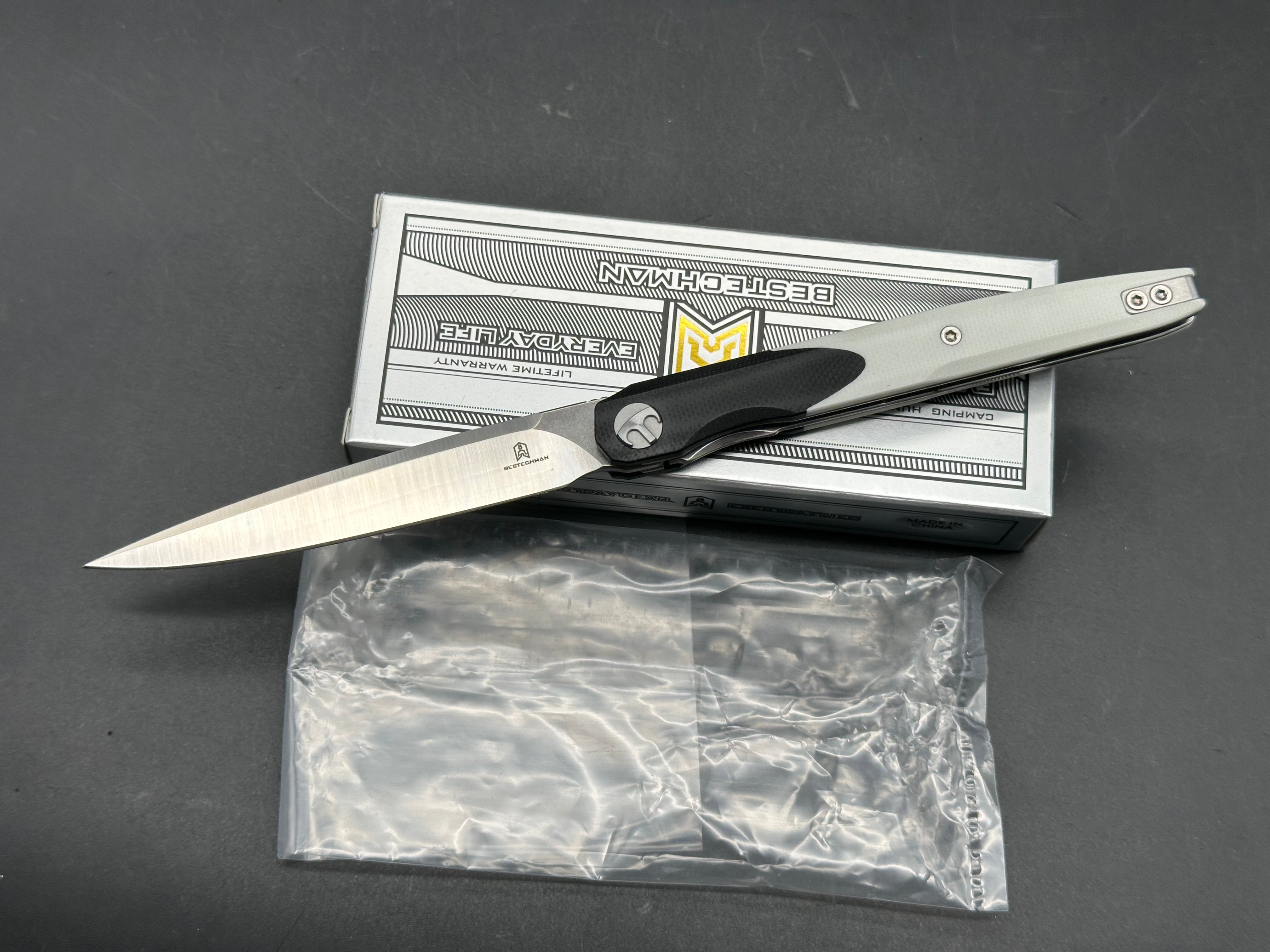 Bestechman Lanza Folding Knife Black/White G10 Handle 14C28N Plain Edge Stonewash/Satin Finish