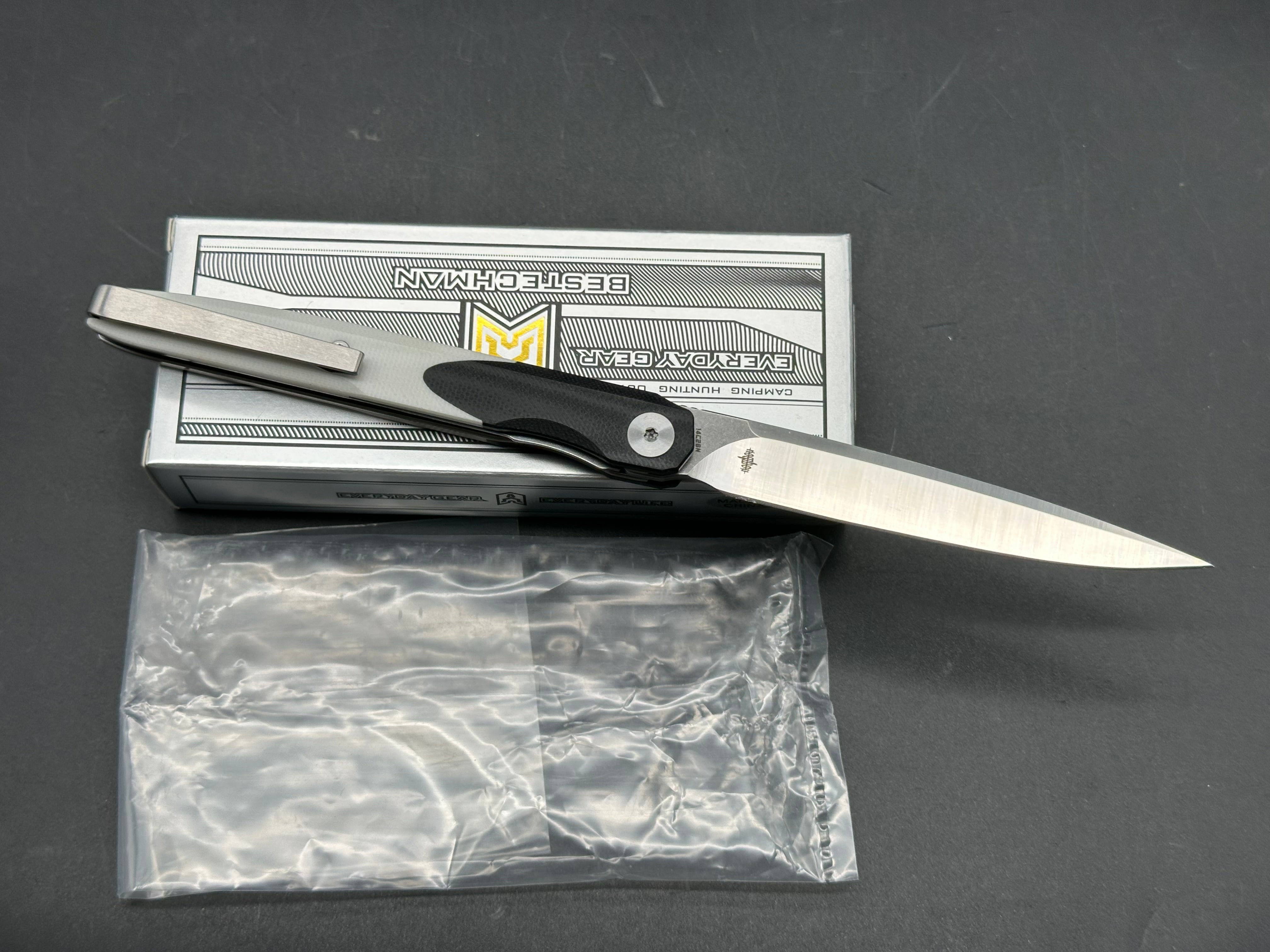 Bestechman Lanza Folding Knife Black/White G10 Handle 14C28N Plain Edge Stonewash/Satin Finish