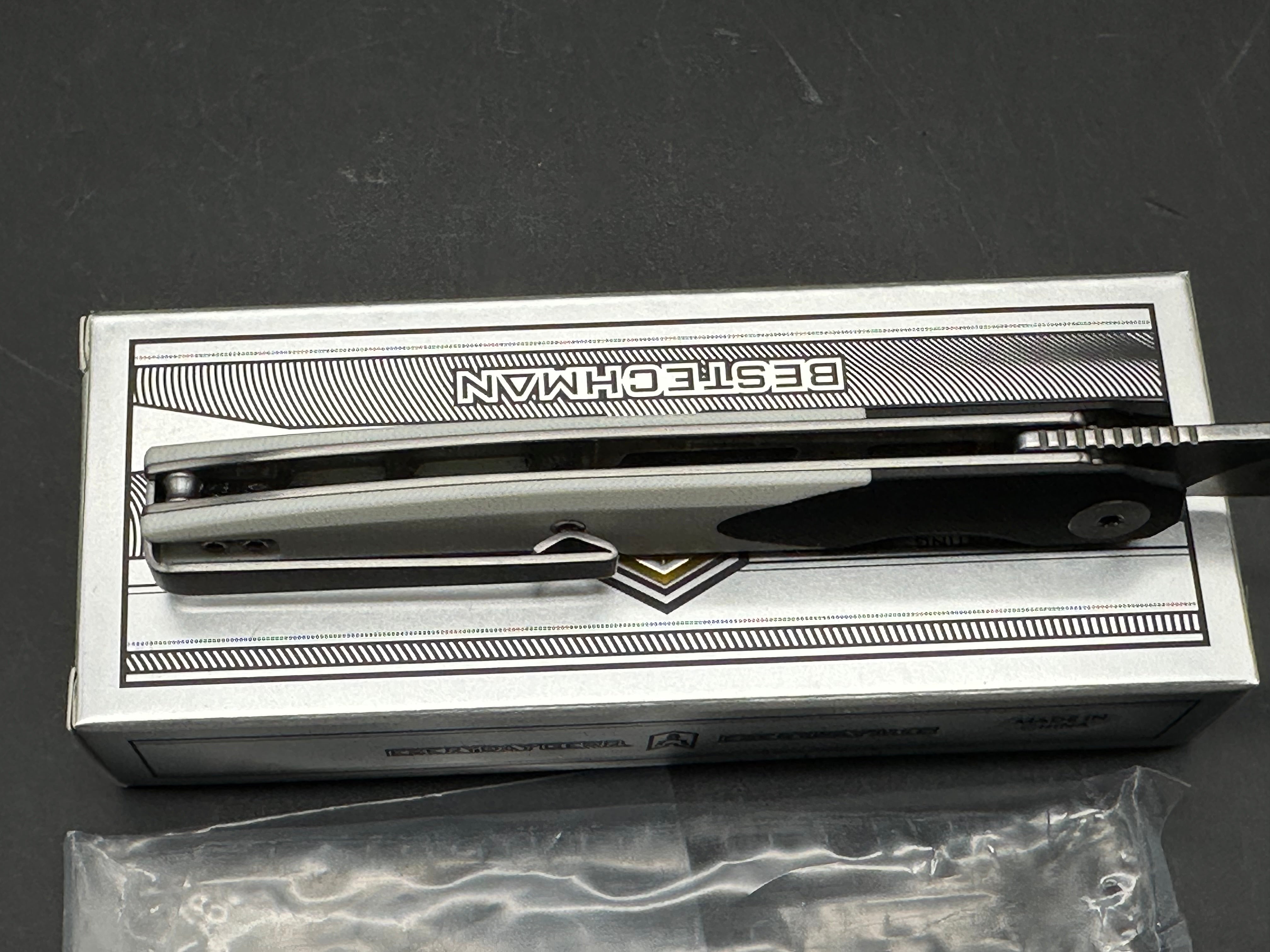 Bestechman Lanza Folding Knife Black/White G10 Handle 14C28N Plain Edge Stonewash/Satin Finish